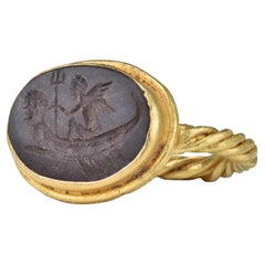 Antique Ancient Roman Intaglio of Winged God in a Boat in Later Gold Signet Ring