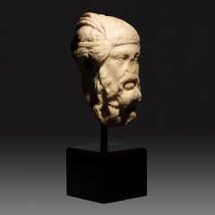 Ancient Roman Marble Head of Dionysus, Hand-Carved, Greco-Roman