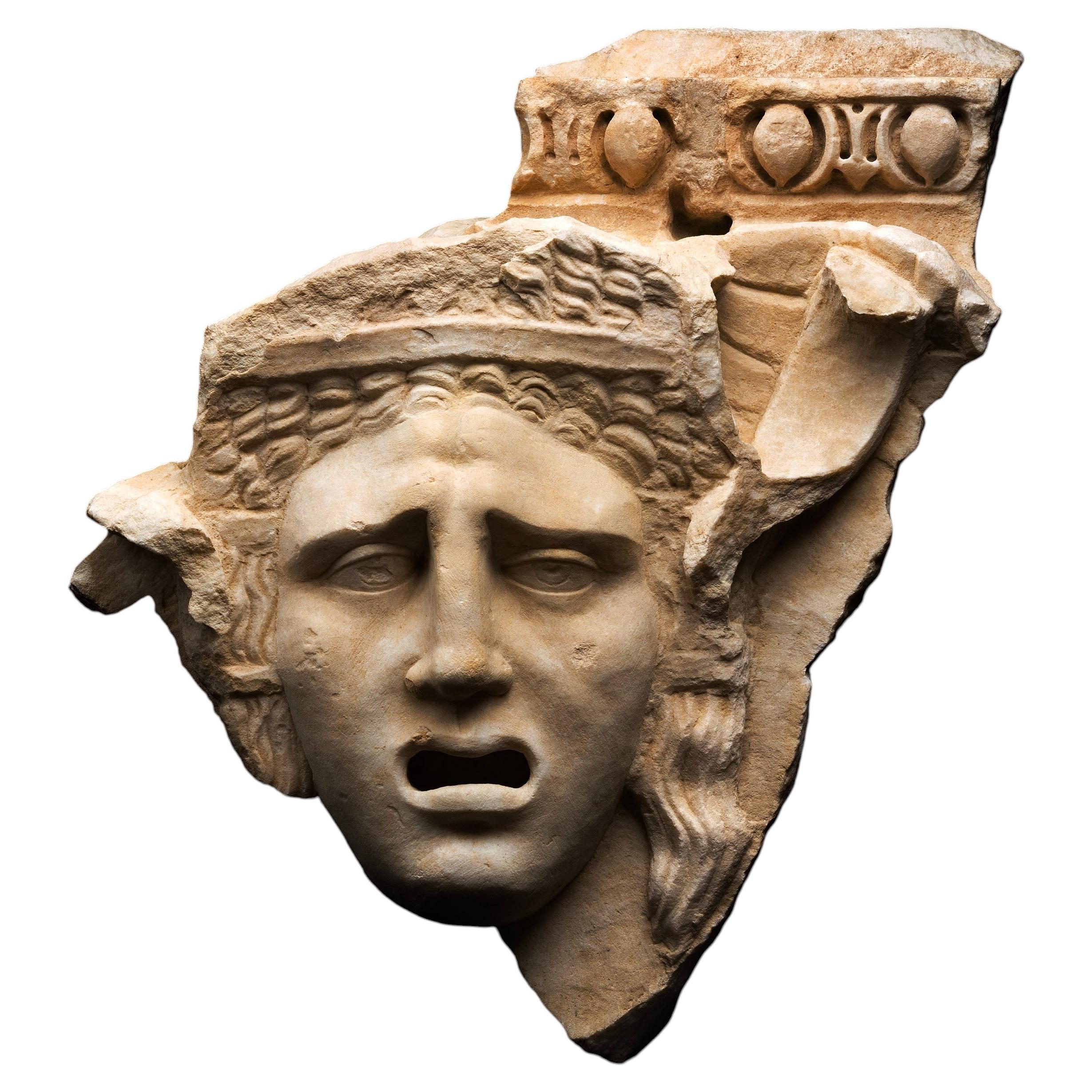 2nd Century AD Roman Marble Relief Sculpture with Theatre Mask