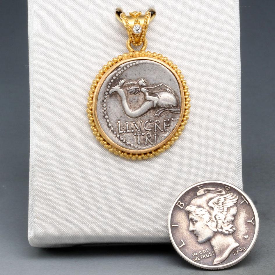 Classical Roman Ancient Roman Republic 1st Century BC Dolphin Rider Coin 22k Gold Pendant  For Sale