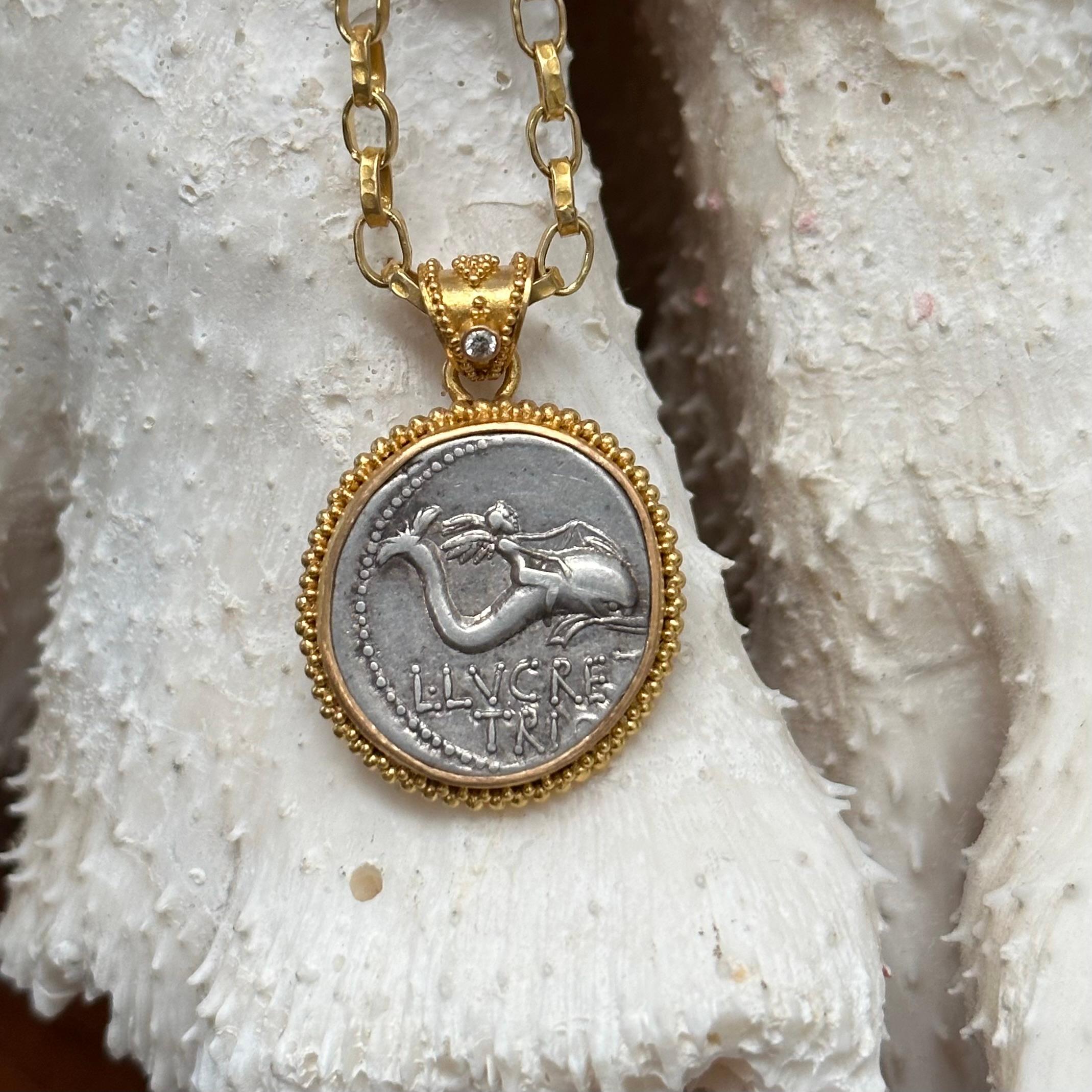 Women's or Men's Ancient Roman Republic 1st Century BC Dolphin Rider Coin 22k Gold Pendant  For Sale