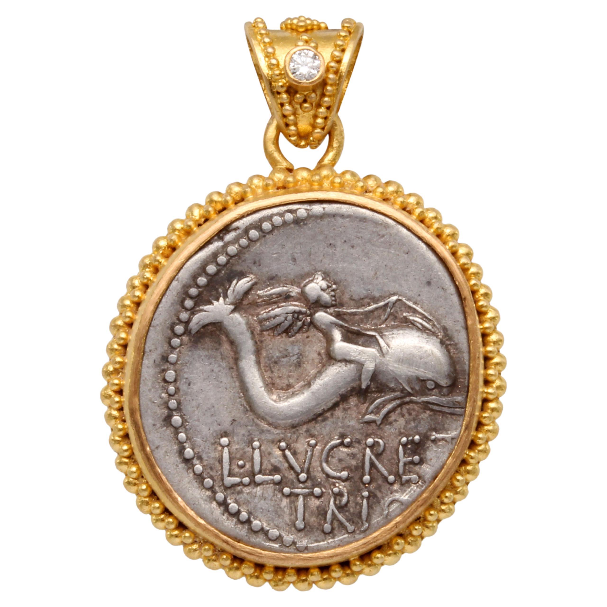 Ancient Roman Republic 1st Century BC Dolphin Rider Coin 22k Gold Pendant  For Sale