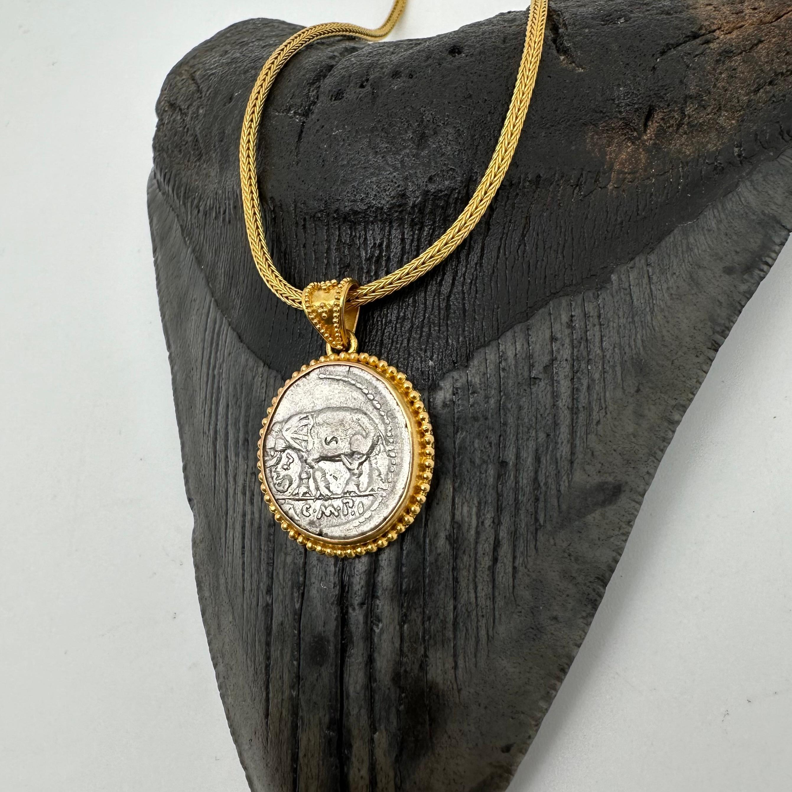 Ancient Roman Republic 1st Century BC Elephant Coin 22K Gold Pendant. For Sale 9