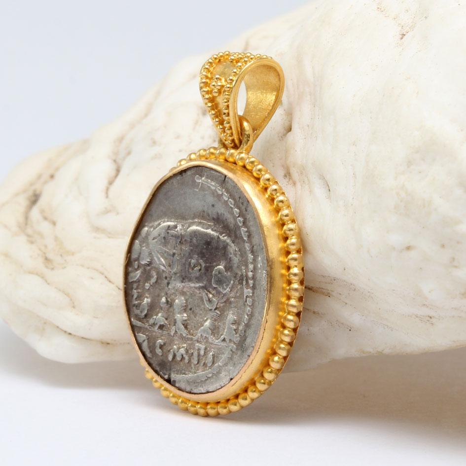 Classical Greek Ancient Roman Republic 1st Century BC Elephant Coin 22K Gold Pendant. For Sale