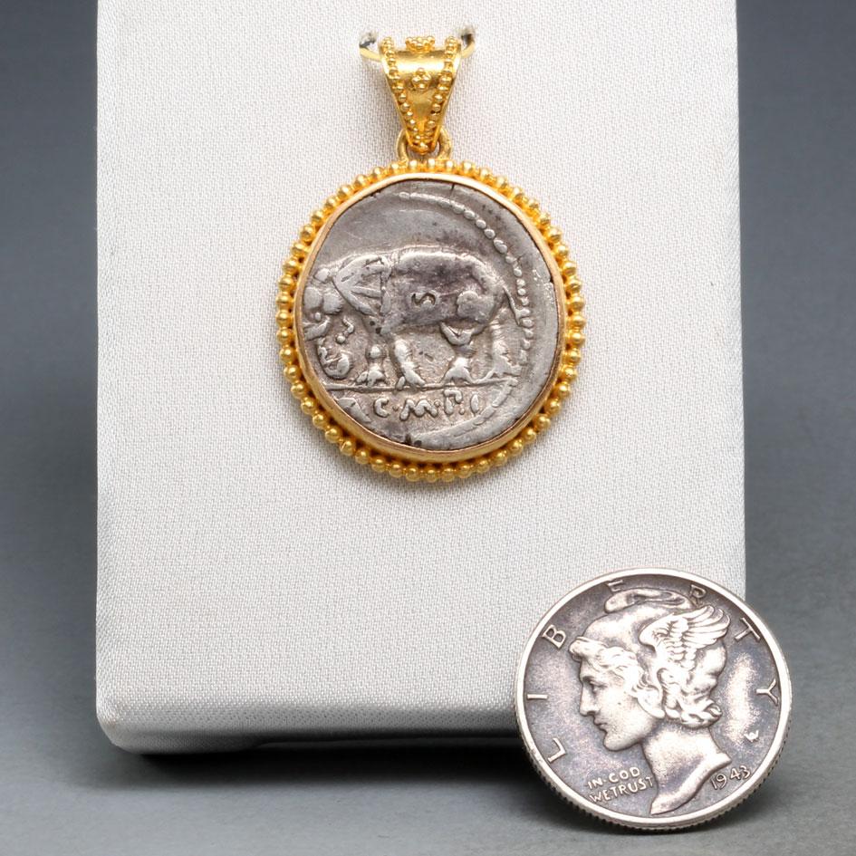 Women's or Men's Ancient Roman Republic 1st Century BC Elephant Coin 22K Gold Pendant. For Sale