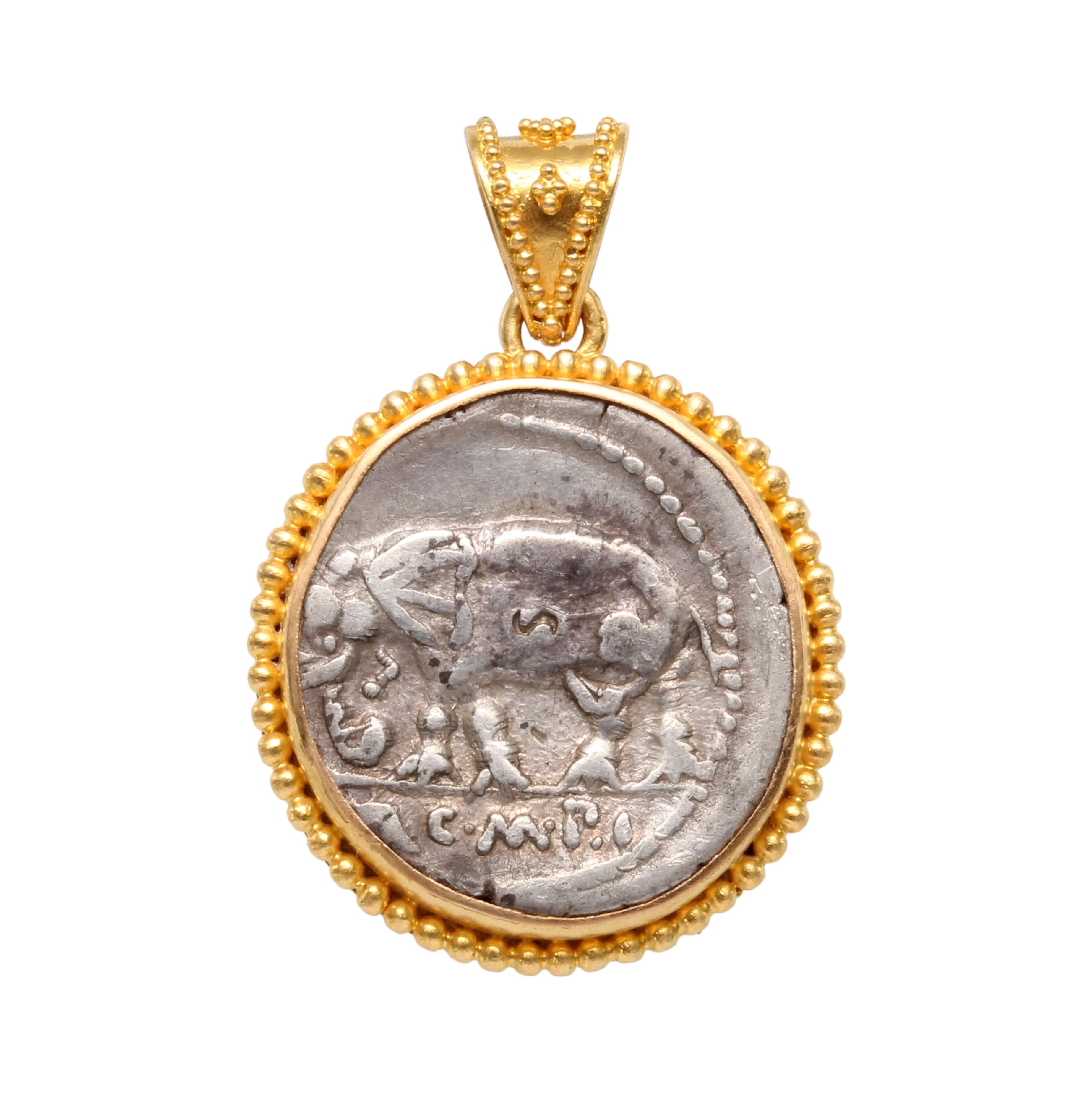 Ancient Roman Republic 1st Century BC Elephant Coin 22K Gold Pendant. For Sale 2