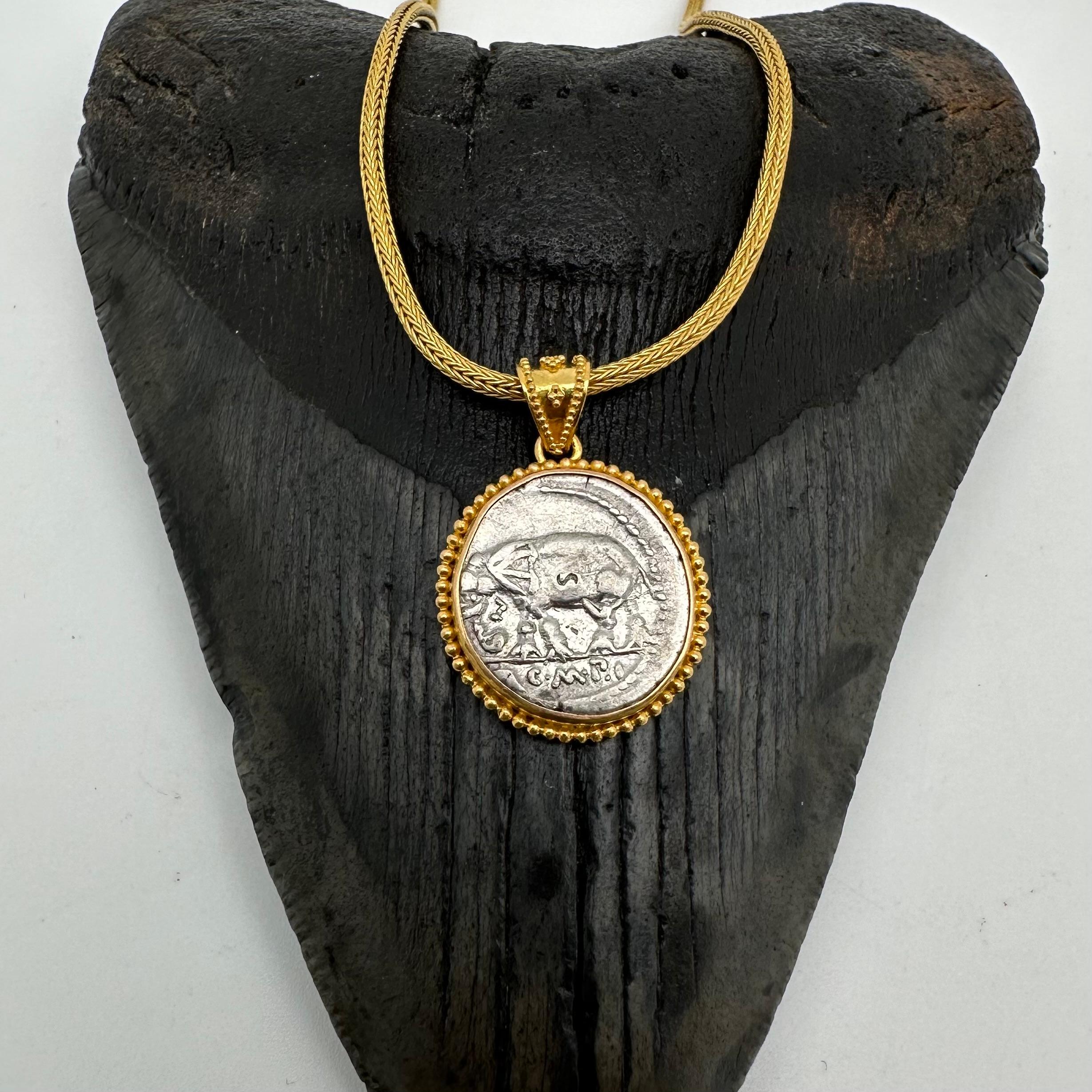 Ancient Roman Republic 1st Century BC Elephant Coin 22K Gold Pendant. For Sale 3