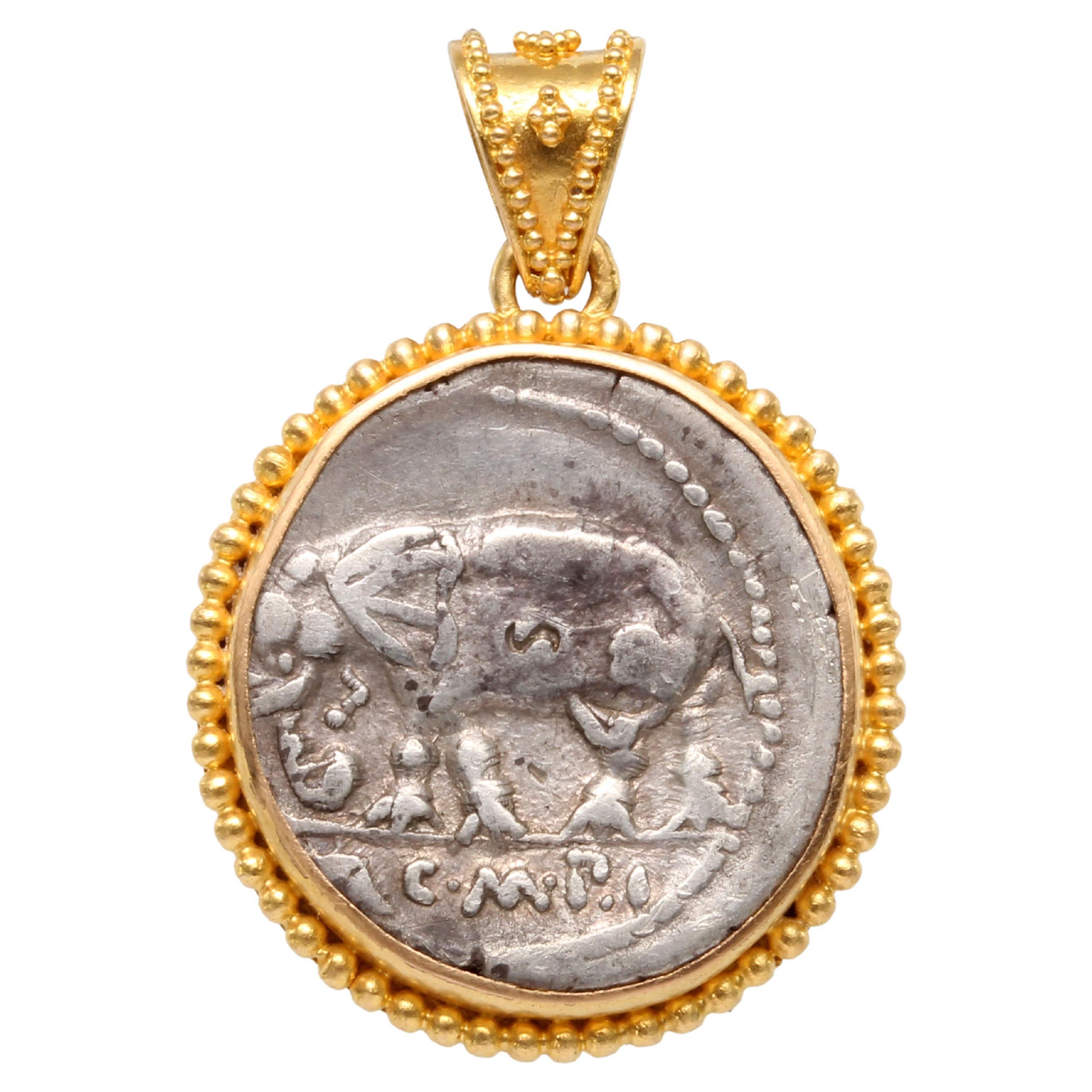 Ancient Roman Republic 1st Century BC Elephant Coin 22K Gold Pendant.