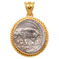 Ancient Roman Republic 1st Century BC Elephant Coin 22K Gold Pendant.