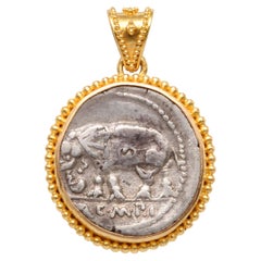Ancient Roman Republic 1st Century BC Elephant Coin 22K Gold Pendant.