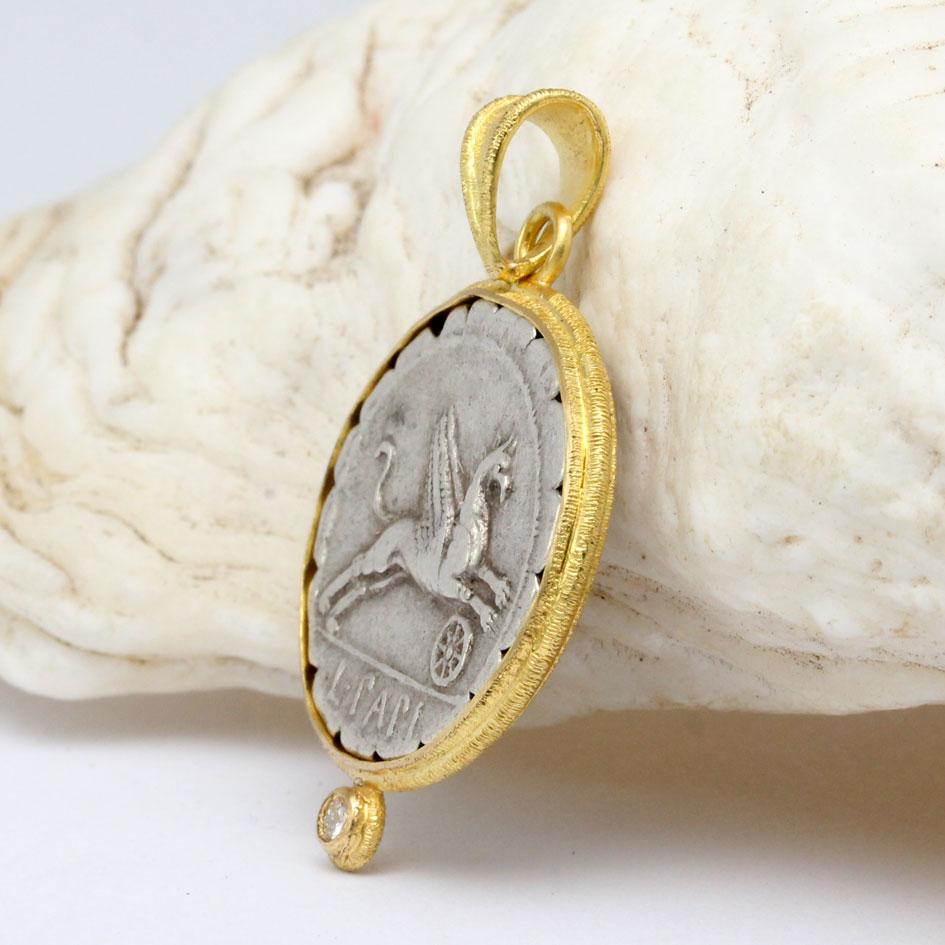 Classical Greek Ancient Roman Republic 1st Century BC Griffin Coin Diamond 18K Gold Pendant For Sale