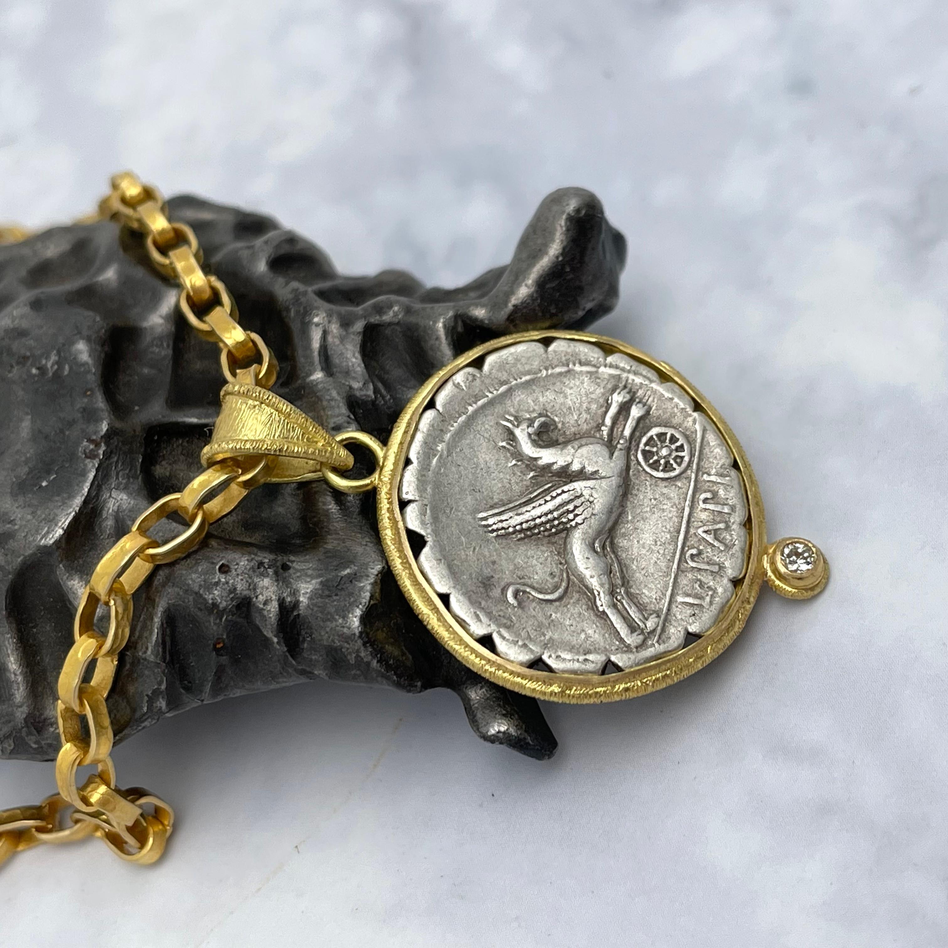 Women's or Men's Ancient Roman Republic 1st Century BC Griffin Coin Diamond 18K Gold Pendant For Sale