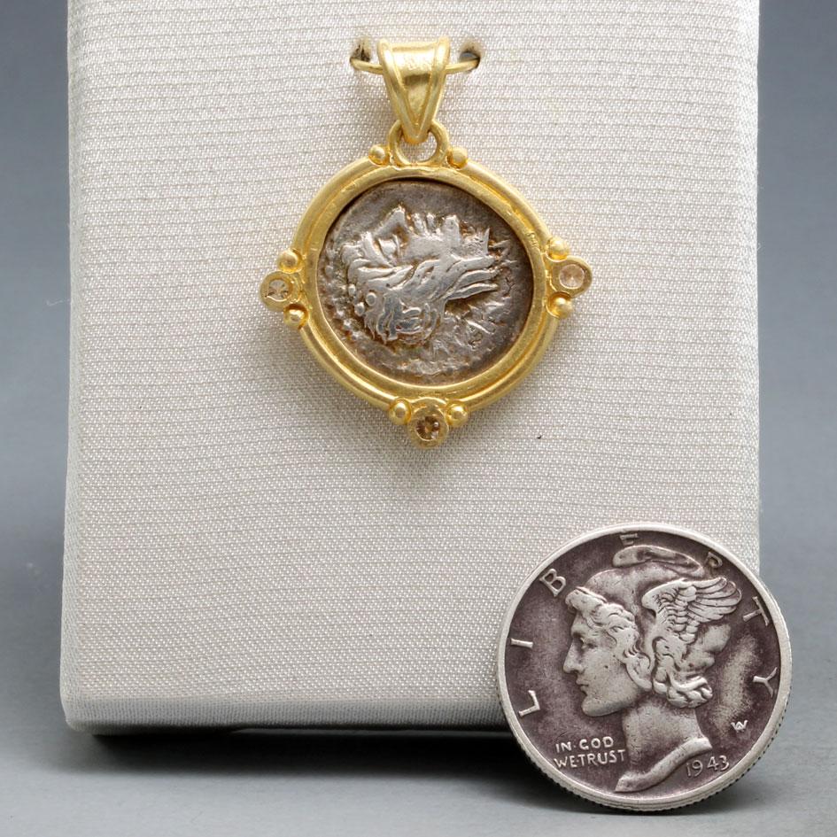 Rose Cut Ancient Roman Republic 1st Century BC Victoria Coin Diamonds 18K Gold Pendant For Sale