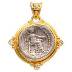 Used Ancient Roman Republic 1st Century BC Victoria Coin Diamonds 18K Gold Pendant