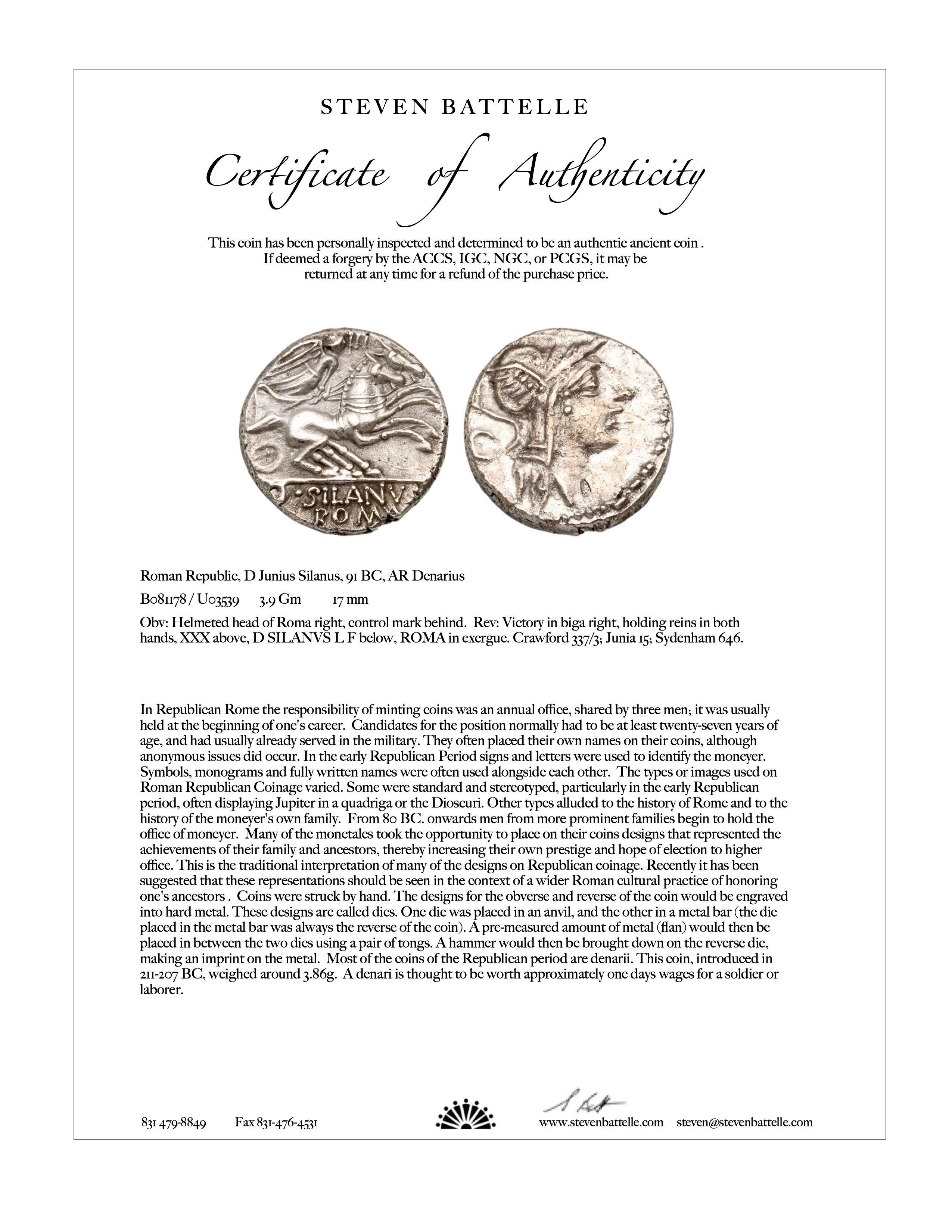 Women's or Men's Ancient Roman Republic 1st Century BC Victory/Chariot Coin 18k Gold Pendant For Sale