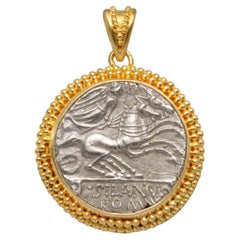Vintage Ancient Roman Republic 1st Century BC Victory/Chariot Coin 18k Gold Pendant