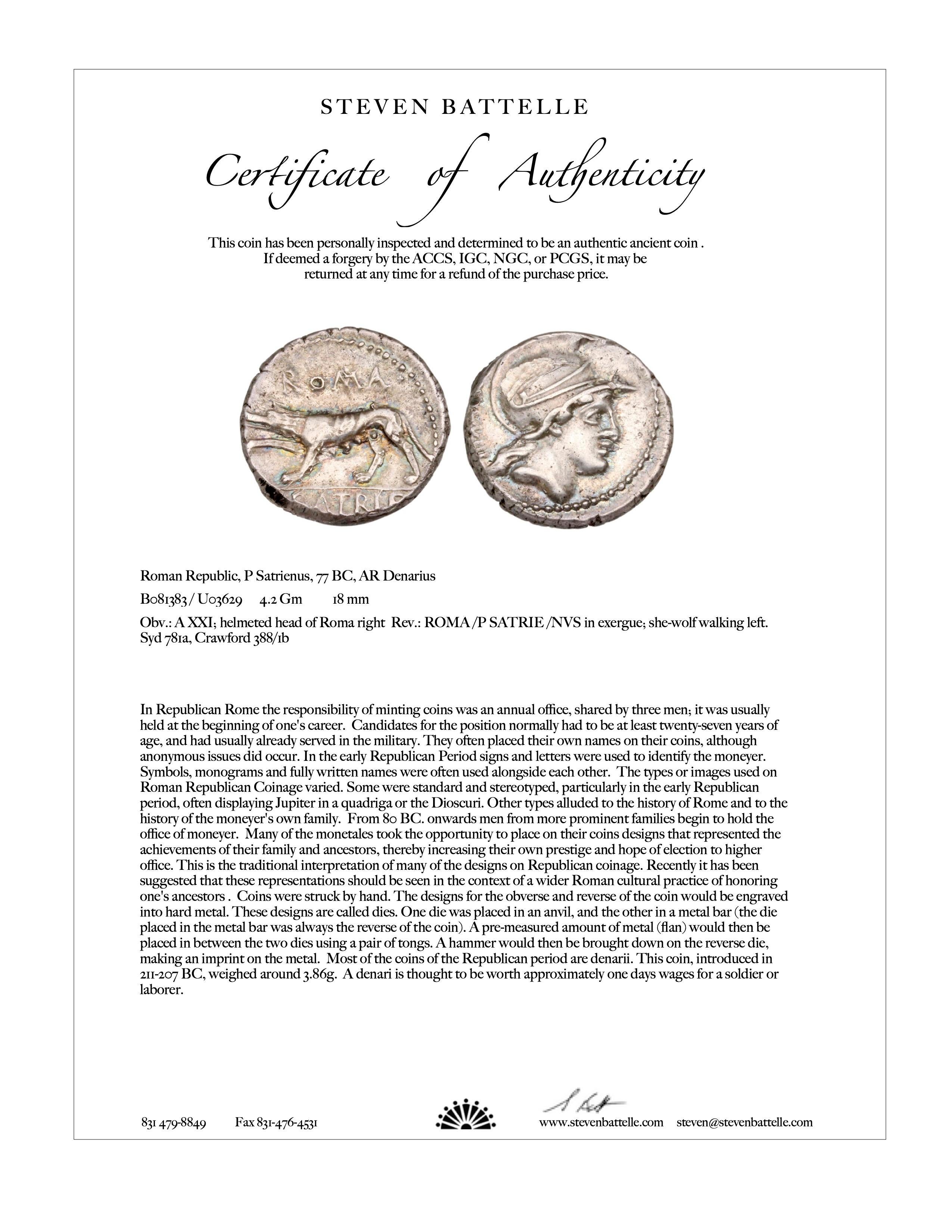 Ancienne République romaine 1er siècle avant J.-C. Pièce de monnaie Loup Pendentif en or 22K  Unisexe en vente