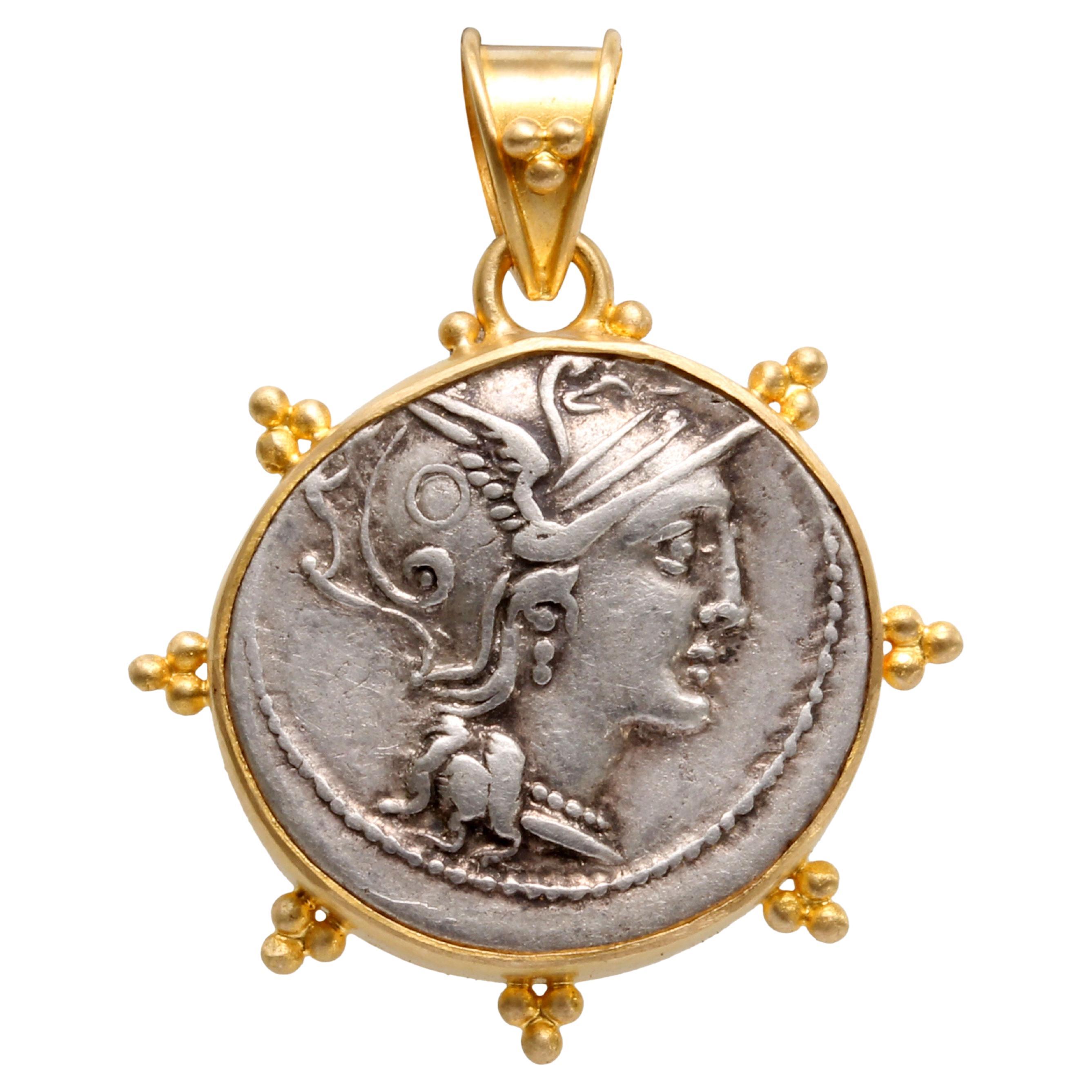 Ancient Roman Republic 2nd Century BC Goddess Roma Coin 18K Gold Pendant