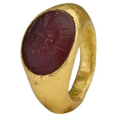 Antique Ancient Roman Signet Carnelian Intaglio of a Warrior in Gold Ring