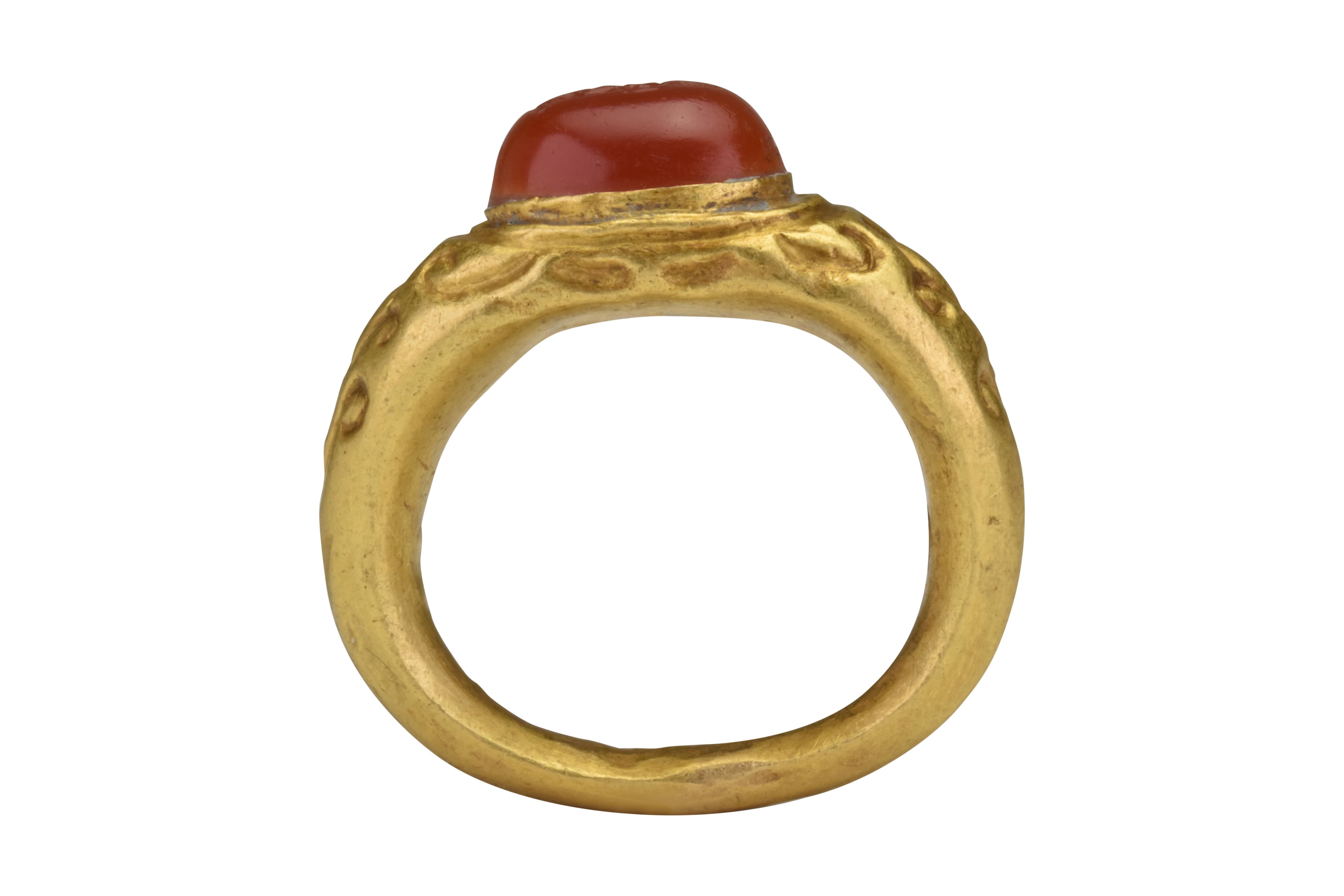 Women's or Men's Ancient Roman Signet Gold Ring with Carnelian Intaglio