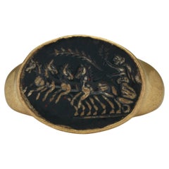 Ancient Roman Signet Gold Ring with Jasper Intaglio with Victory in Chariot