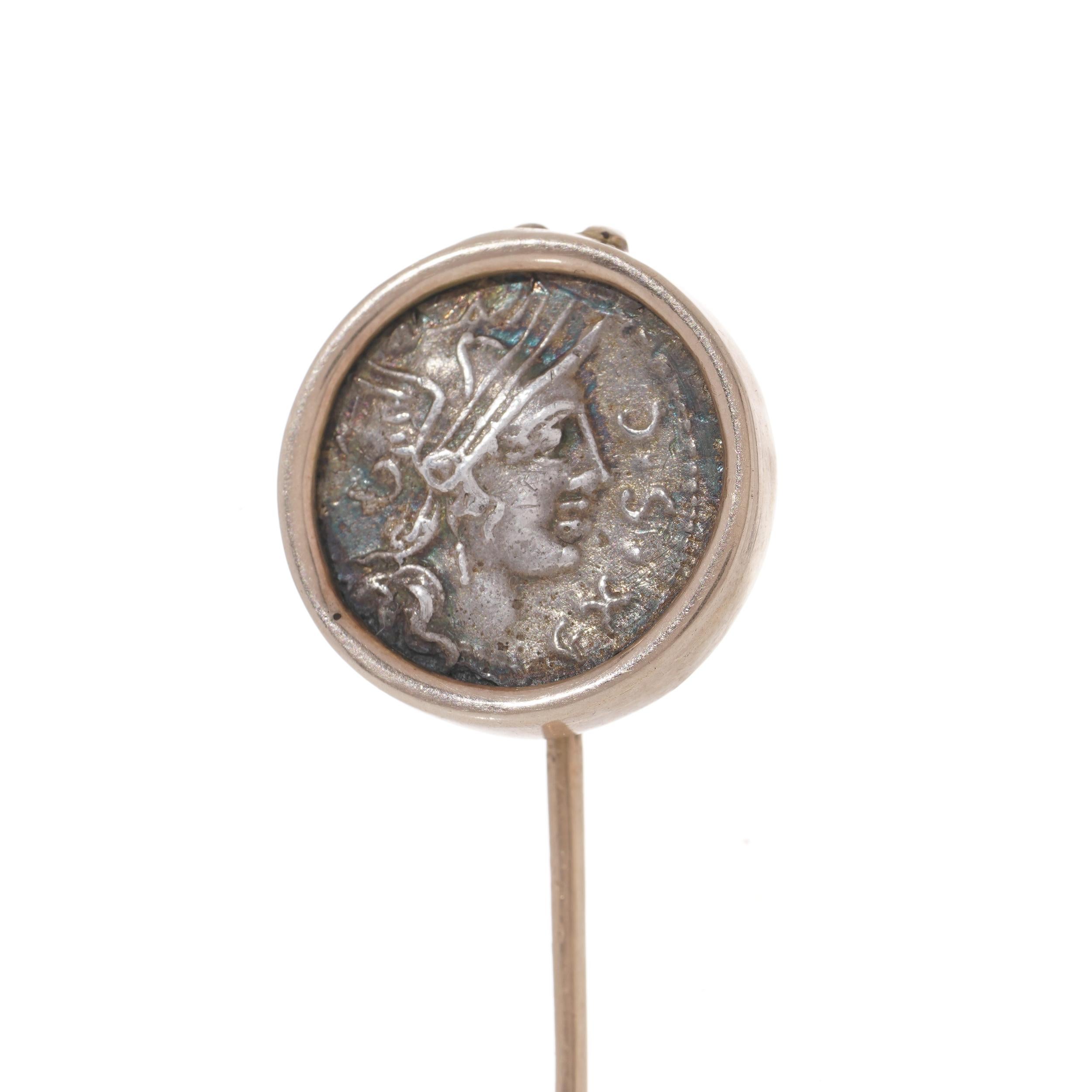 Ancient Roman silver coin pin brooch  with Sergia: Marcus Sergius Silus mounted  In Good Condition For Sale In Braintree, GB