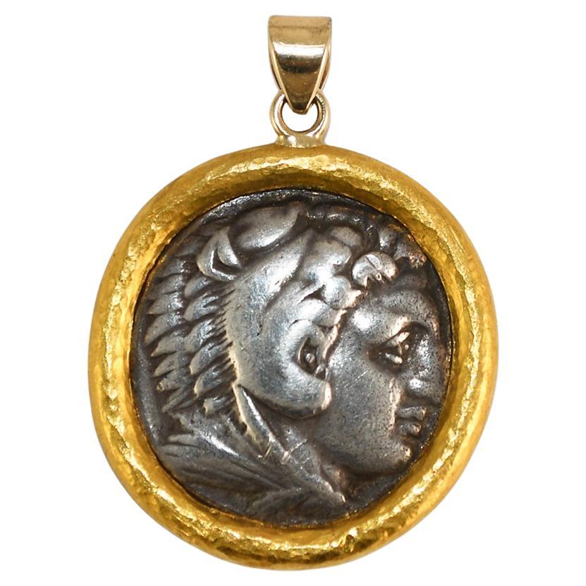 Ancient Roman Silver Tetradrachm in Custom 22K Yellow Gold Bezel For Sale