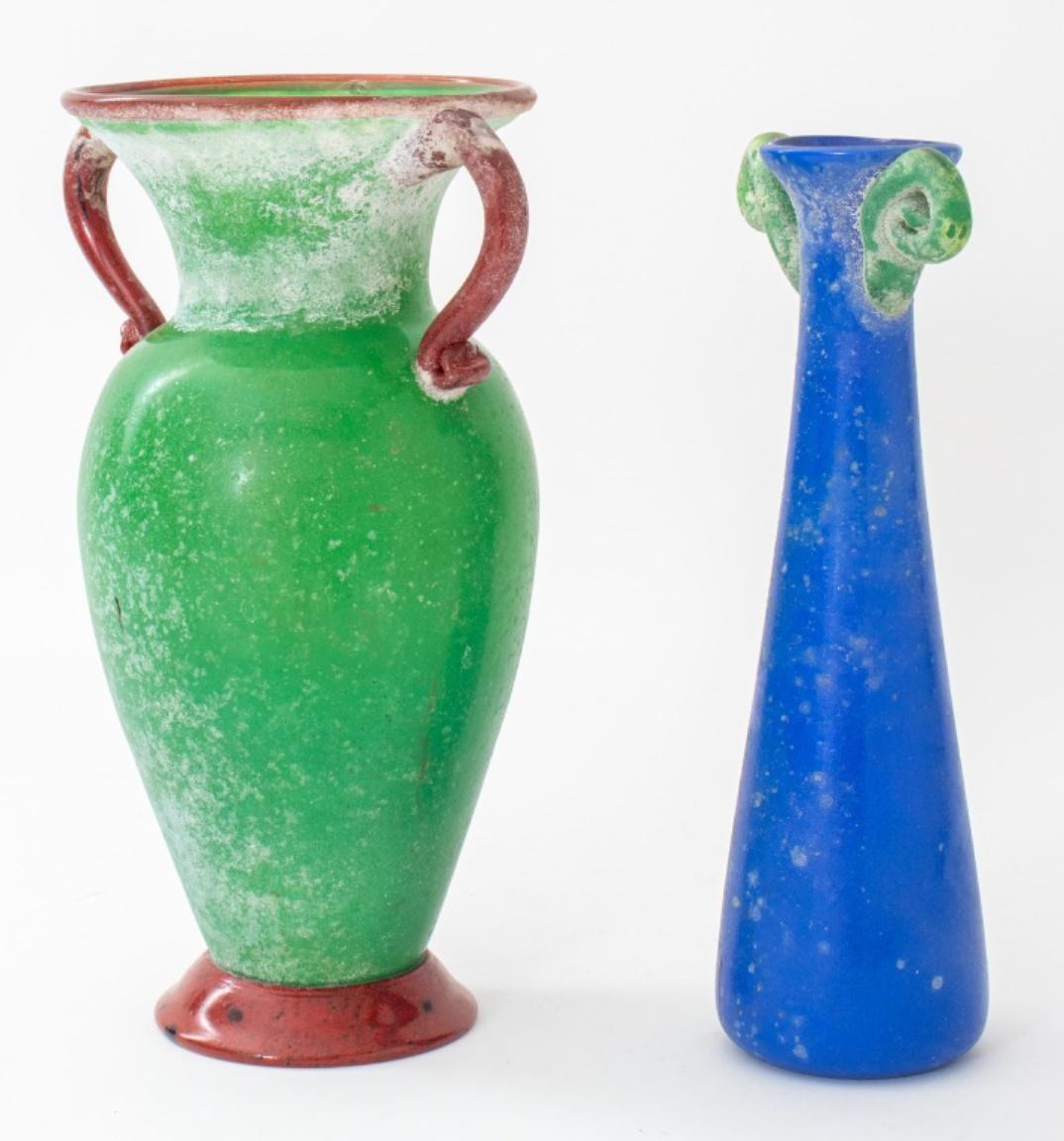 Pair of Ancient Roman style vitreous glass amphora vases with handles, largest in green and brown tones with chip to base, thinner in blue and green tones, apparently unsigned. Largest