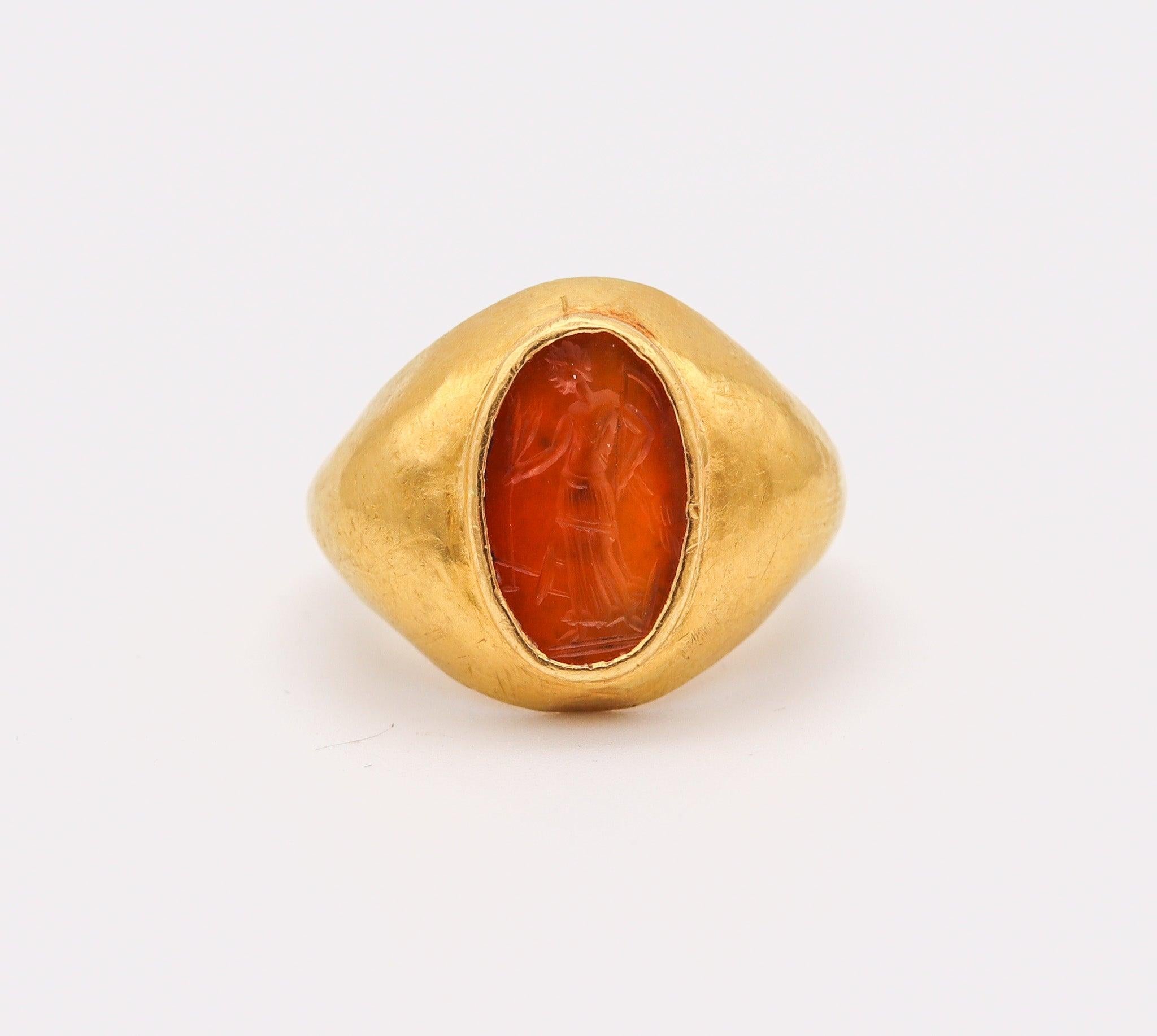 Cabochon ANCIENT ROME 100-200 AD Signet Intaglio Ring In 23Kt Gold & Carved Carnelian