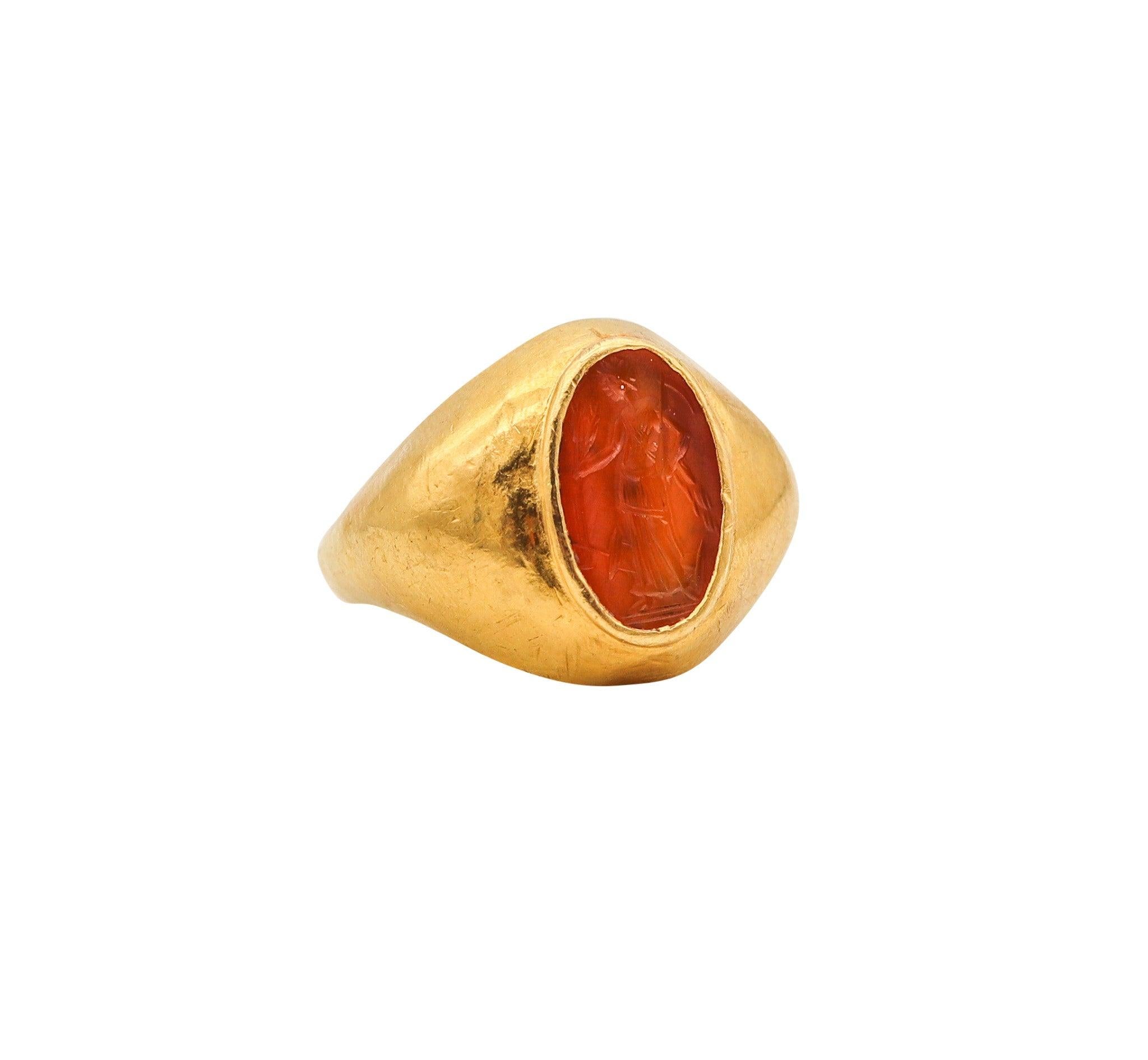 ANCIENT ROME 100-200 AD Signet Intaglio Ring In 23Kt Gold & Carved Carnelian 1