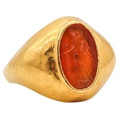 ANCIENT ROME 100-200 AD Signet Intaglio Ring In 23Kt Gold & Carved Carnelian