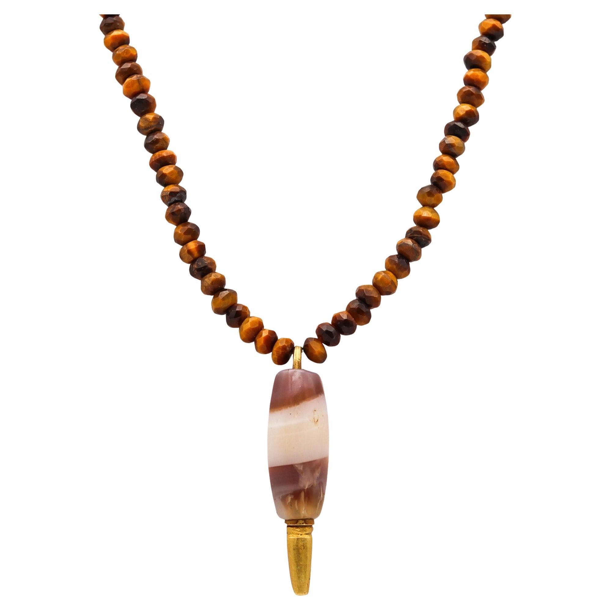 ANCIENT ROME 100 AD Amulet Seal Necklace in 22Kt Gold Mount In Tiger Eye