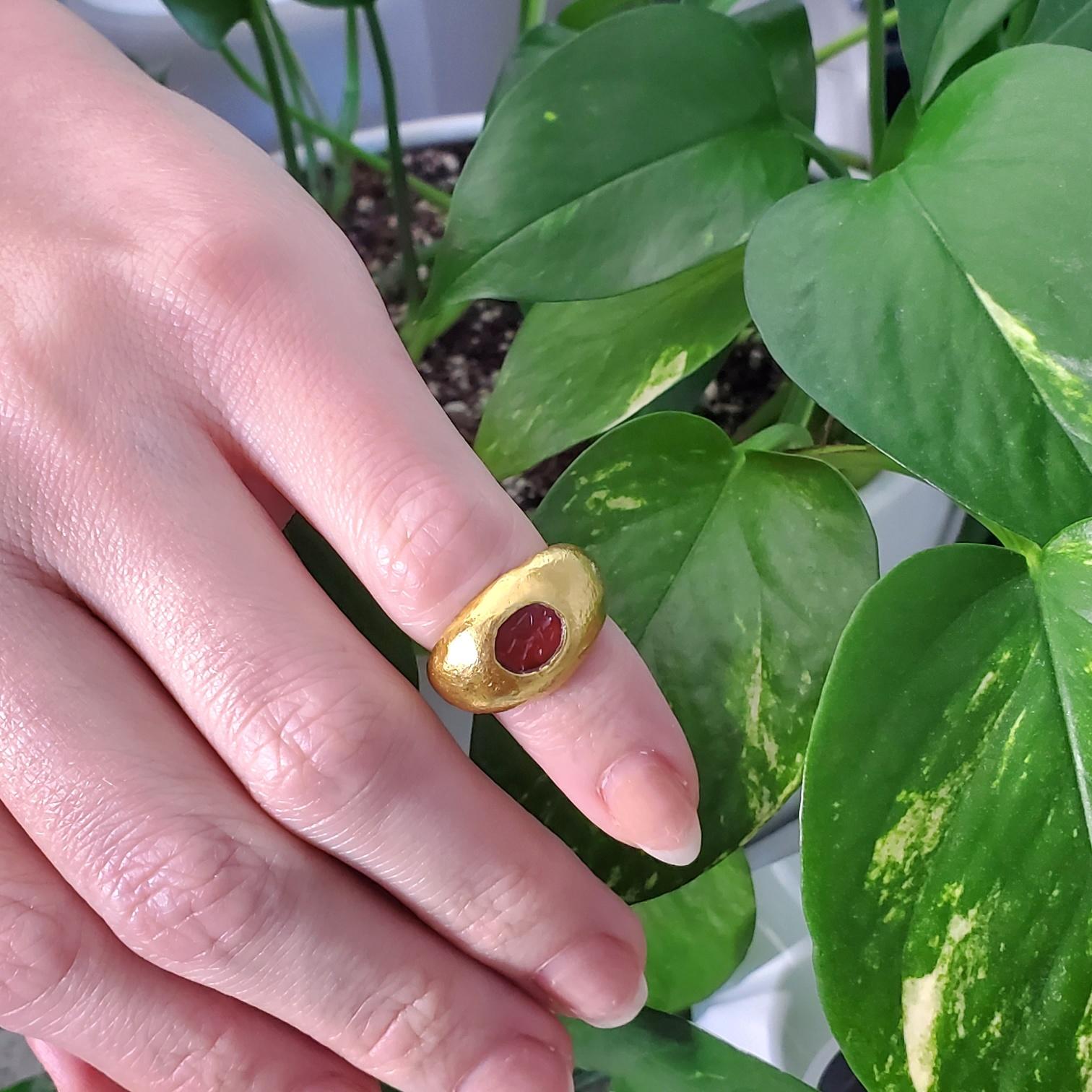 Ancient Roman signet intaglio ring.

A beautiful historical one-of-a-kind piece, created during the ancient Roman Empire, circa 100-200 AD. This is a rare intaglio signet ring crafted with plain smooth surfaces in yellow gold of 22