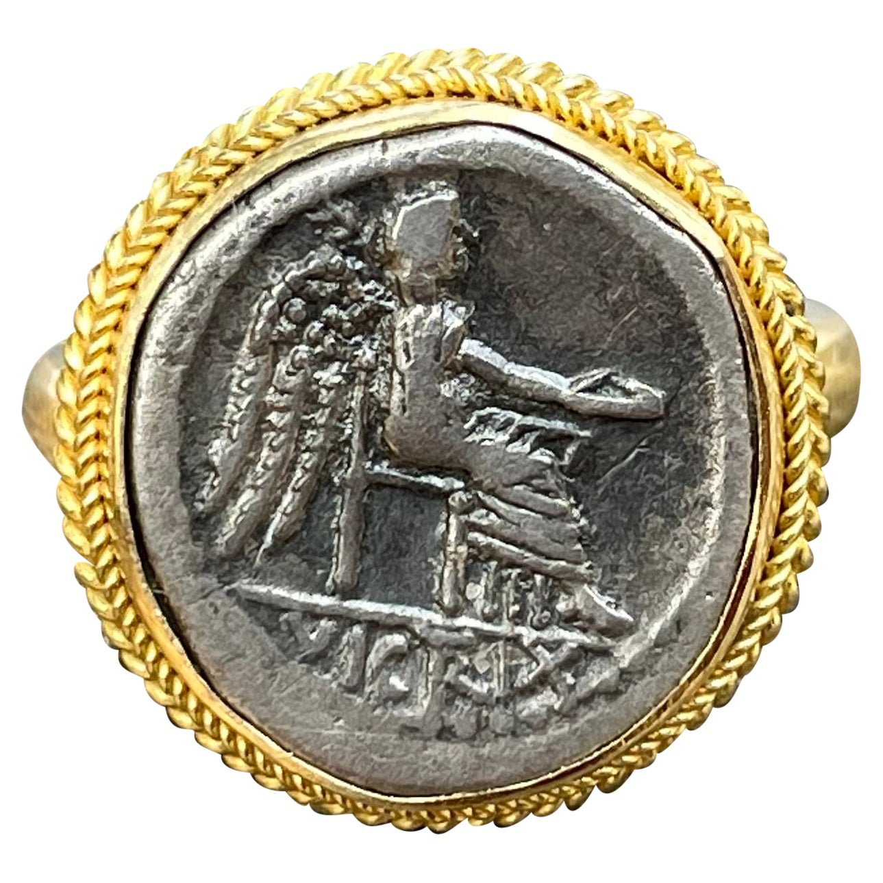 Antiker Rom 1st Jahrhundert BC Göttin Victoria Münze 18K Gold Ring