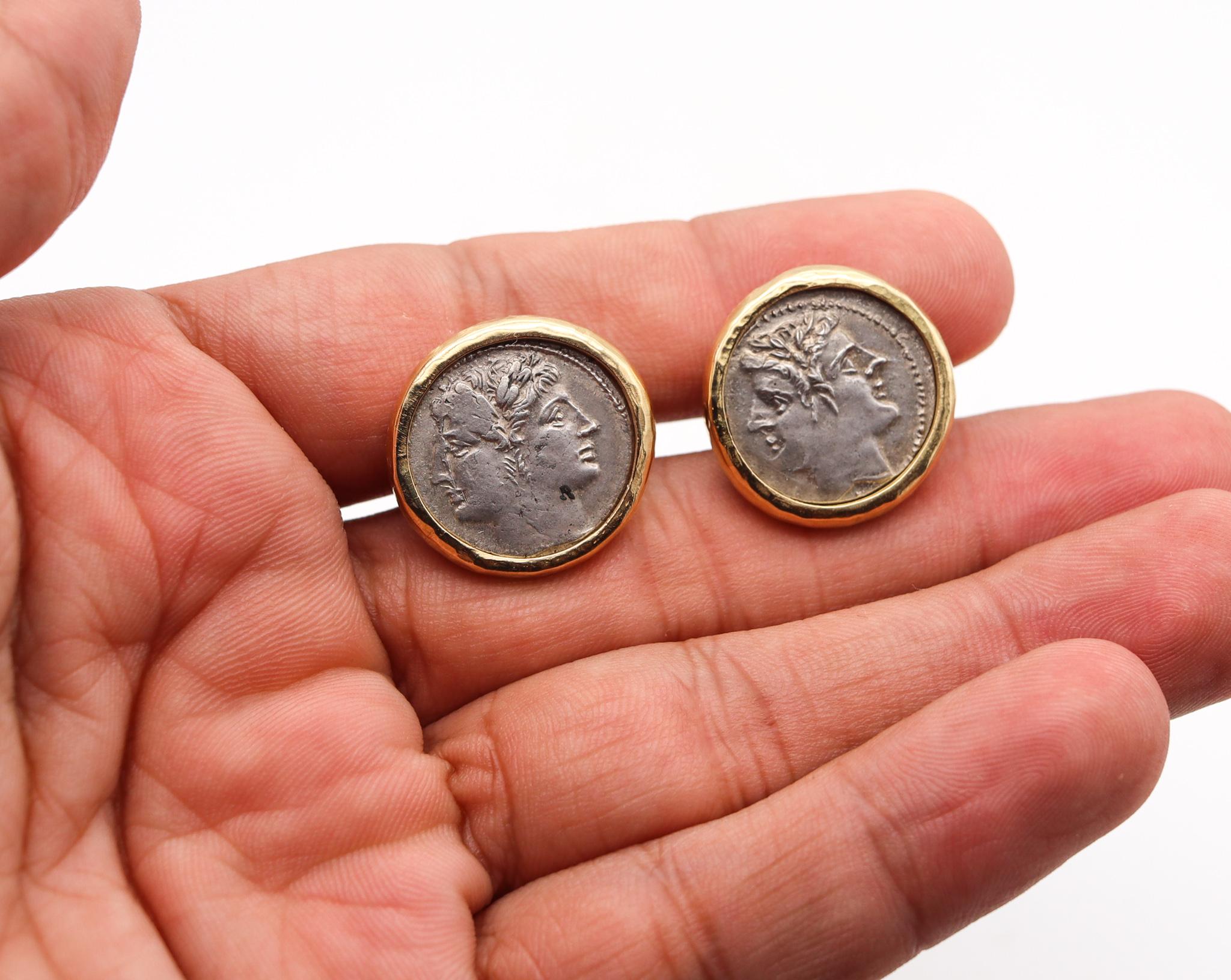 Women's or Men's Ancient Rome 225-215 BC Janus Heads Denarius Coins Cufflinks in 18Kt Yellow Gold