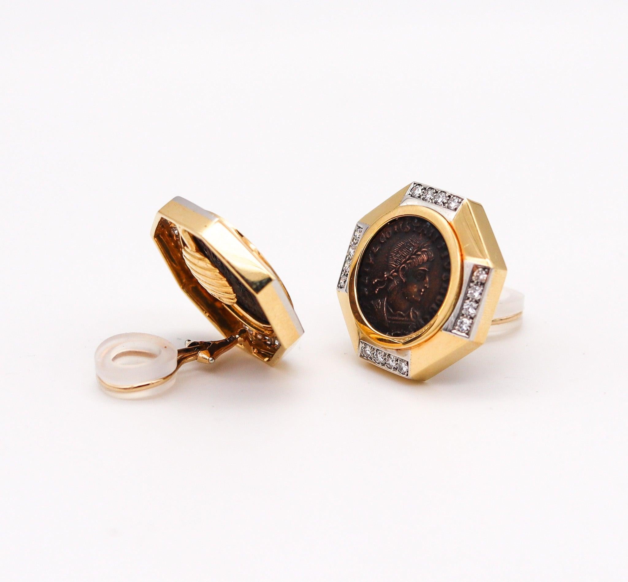 Brilliant Cut ANCIENT ROME 330-AD Constantine Coin Earrings In 18Kt Gold, Platinum & Diamonds
