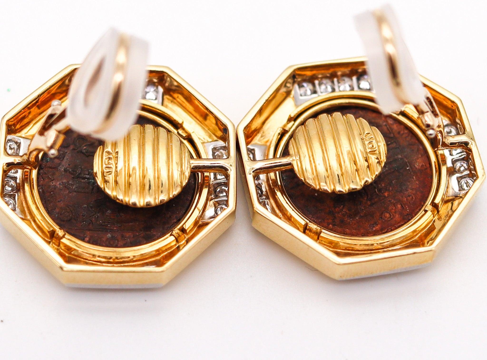 ANCIENT ROME 330-AD Constantine Coin Earrings In 18Kt Gold, Platinum & Diamonds In Excellent Condition In Miami, FL