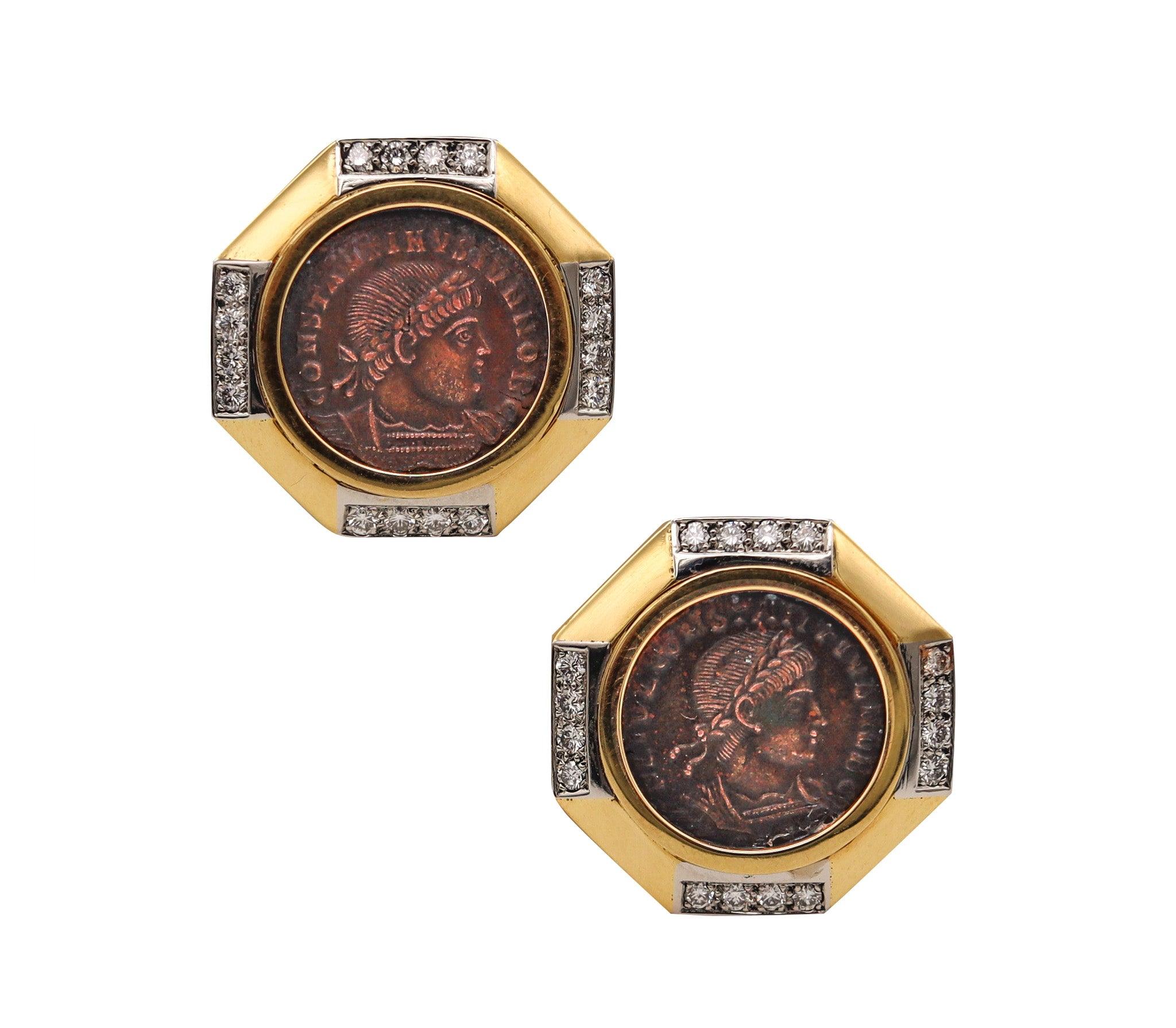 Women's ANCIENT ROME 330-AD Constantine Coin Earrings In 18Kt Gold, Platinum & Diamonds