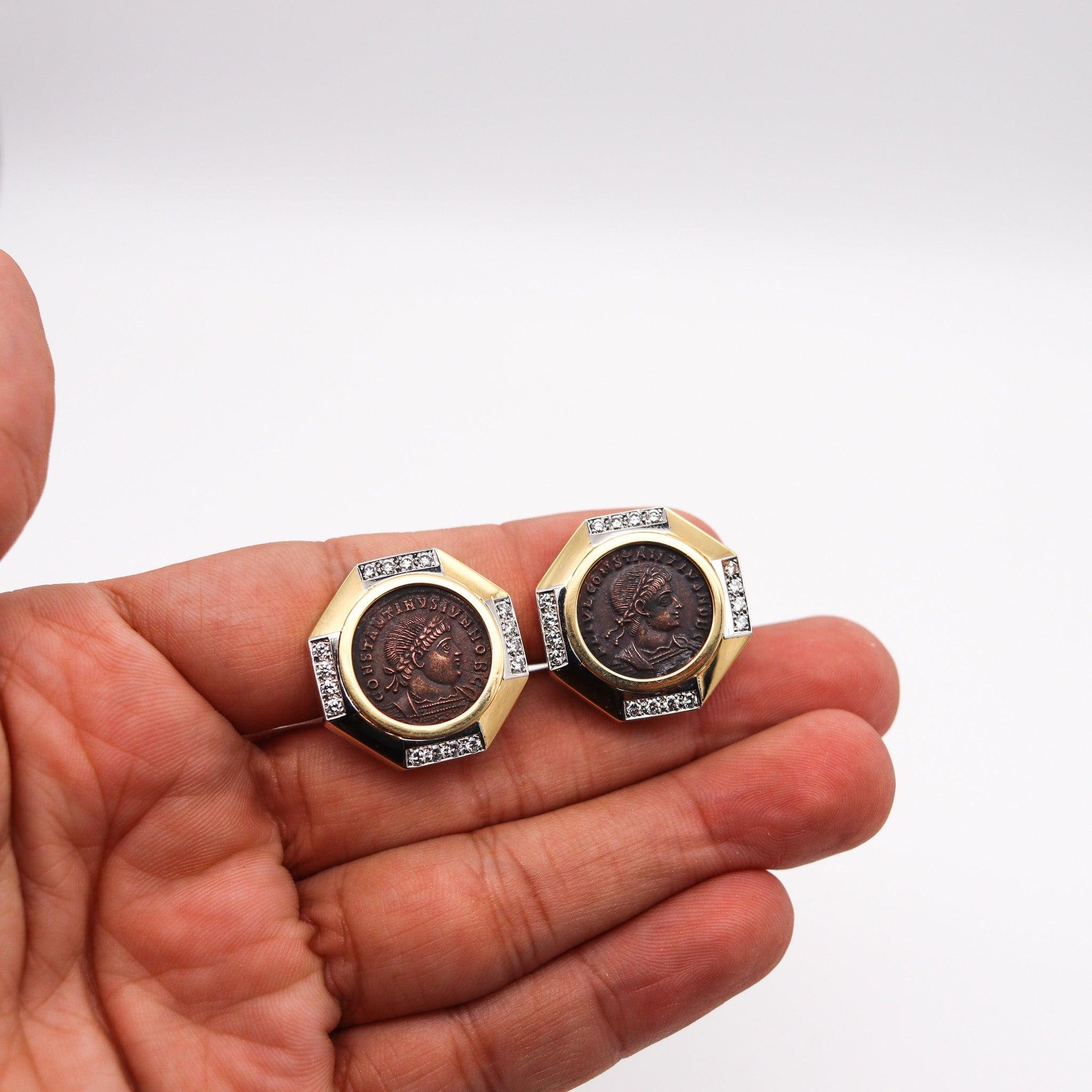 ANCIENT ROME 330-AD Constantine Coin Earrings In 18Kt Gold, Platinum & Diamonds 1