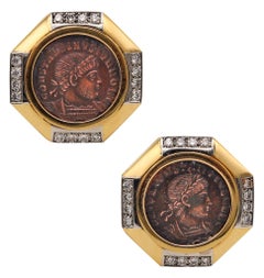 ANCIENT ROME 330-AD Constantine Coin Earrings In 18Kt Gold, Platinum & Diamonds