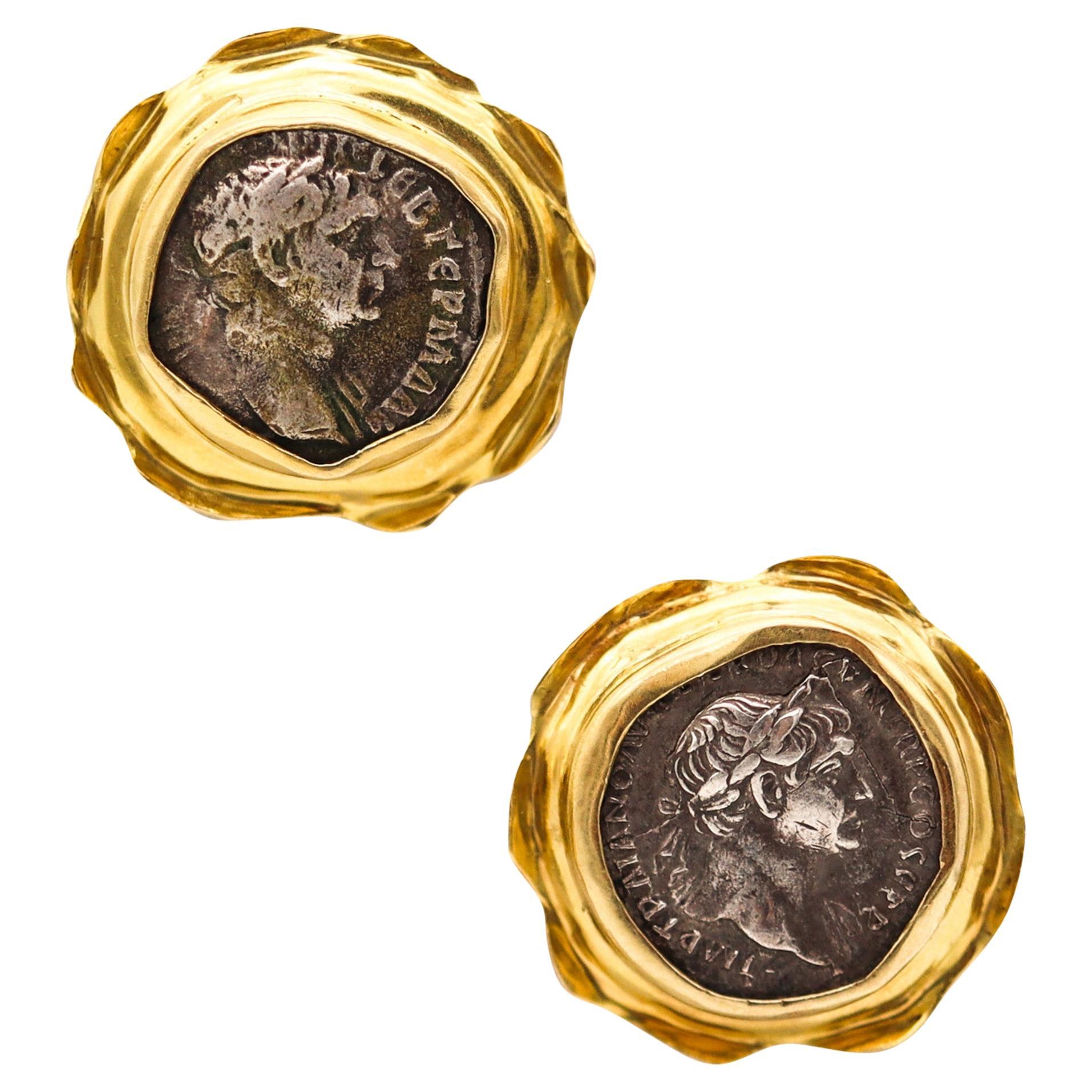 ANCIENT ROME 98-117 AD Denarius Coins Clips-On Earrings In 18Kt Yellow Gold