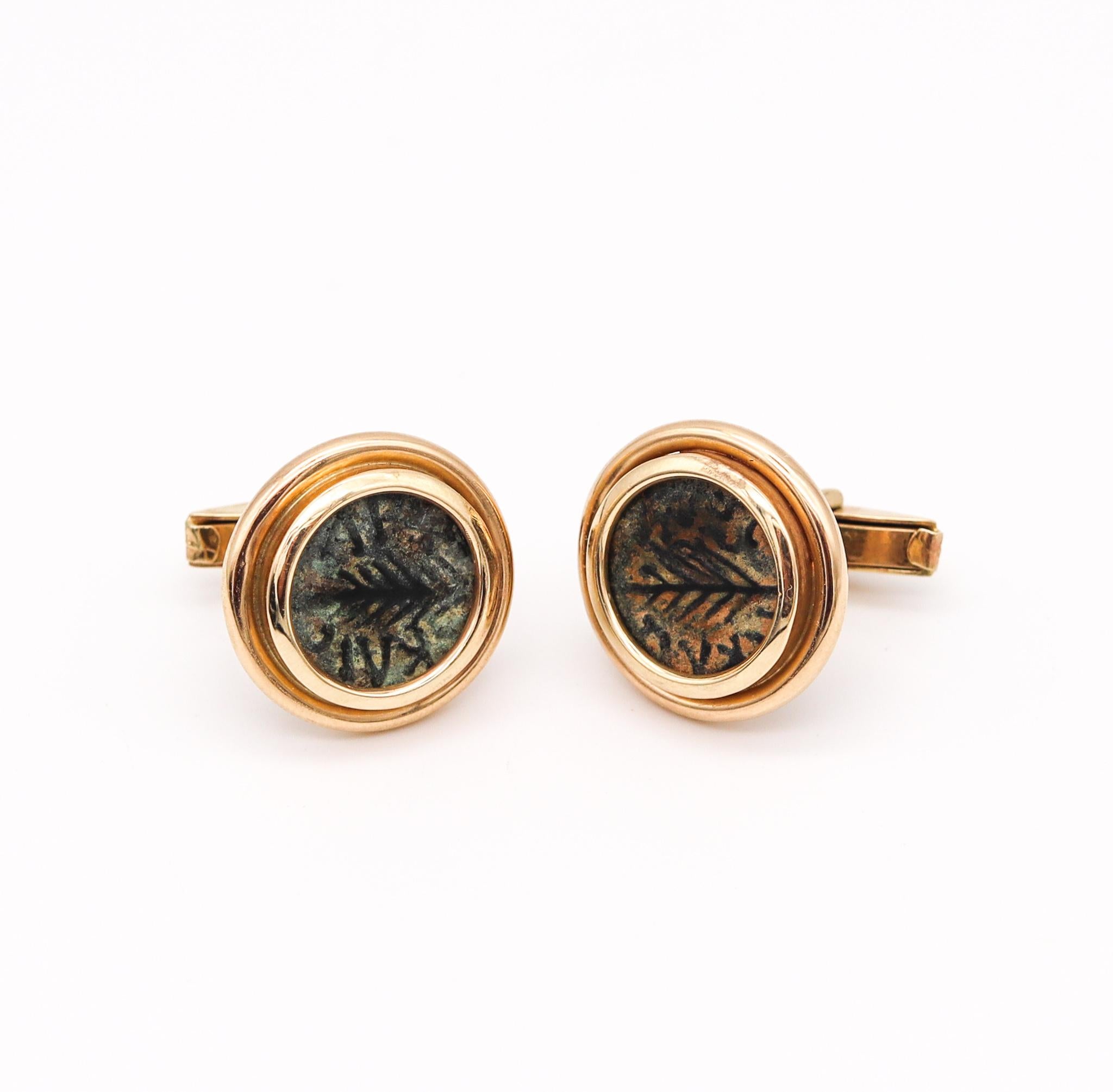 Cufflinks with ancient Roman coins from Judaea.

Great pair of rare ancient Judean (Jerusalem) coins minted during the period of the Roman Empire administration. These bronze coins were called Prutah and were minted in the city of Jerusalem around