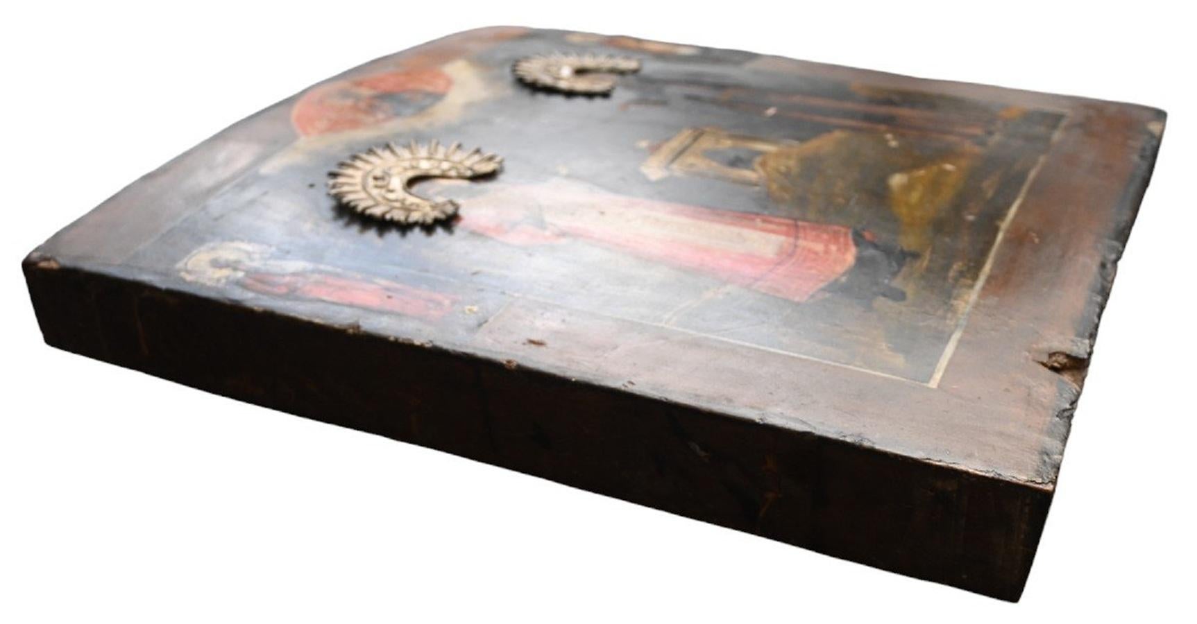 Bois Ancienne icône orthodoxe russe - Deux saints ascètes sous la mandorle en vente