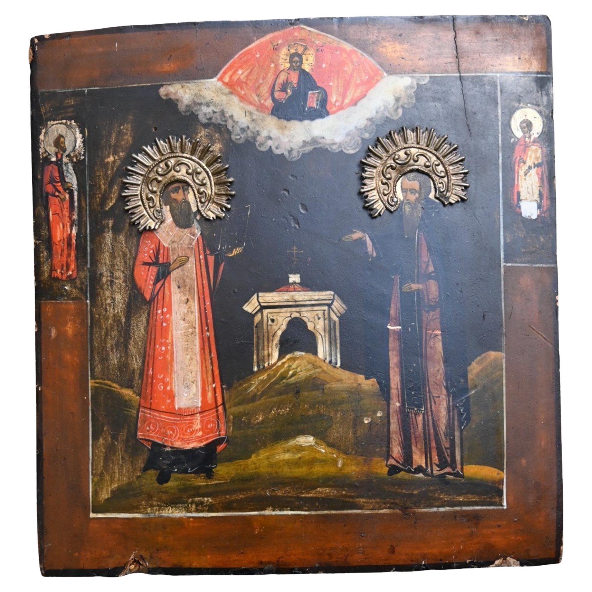 Ancienne icône orthodoxe russe - Deux saints ascètes sous la mandorle en vente