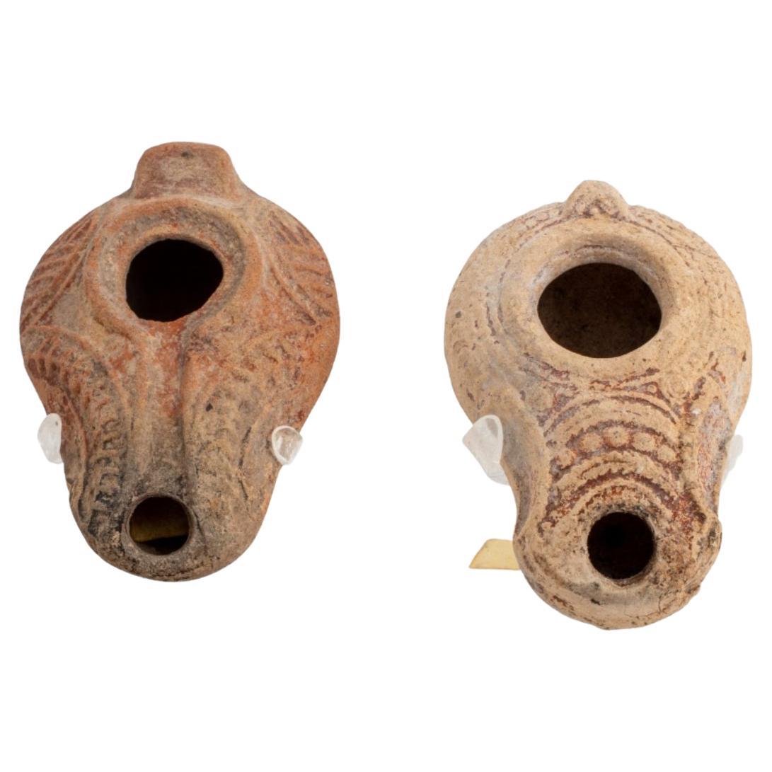 Ancient Samaritan Terracotta Oil Lamps, Pair For Sale