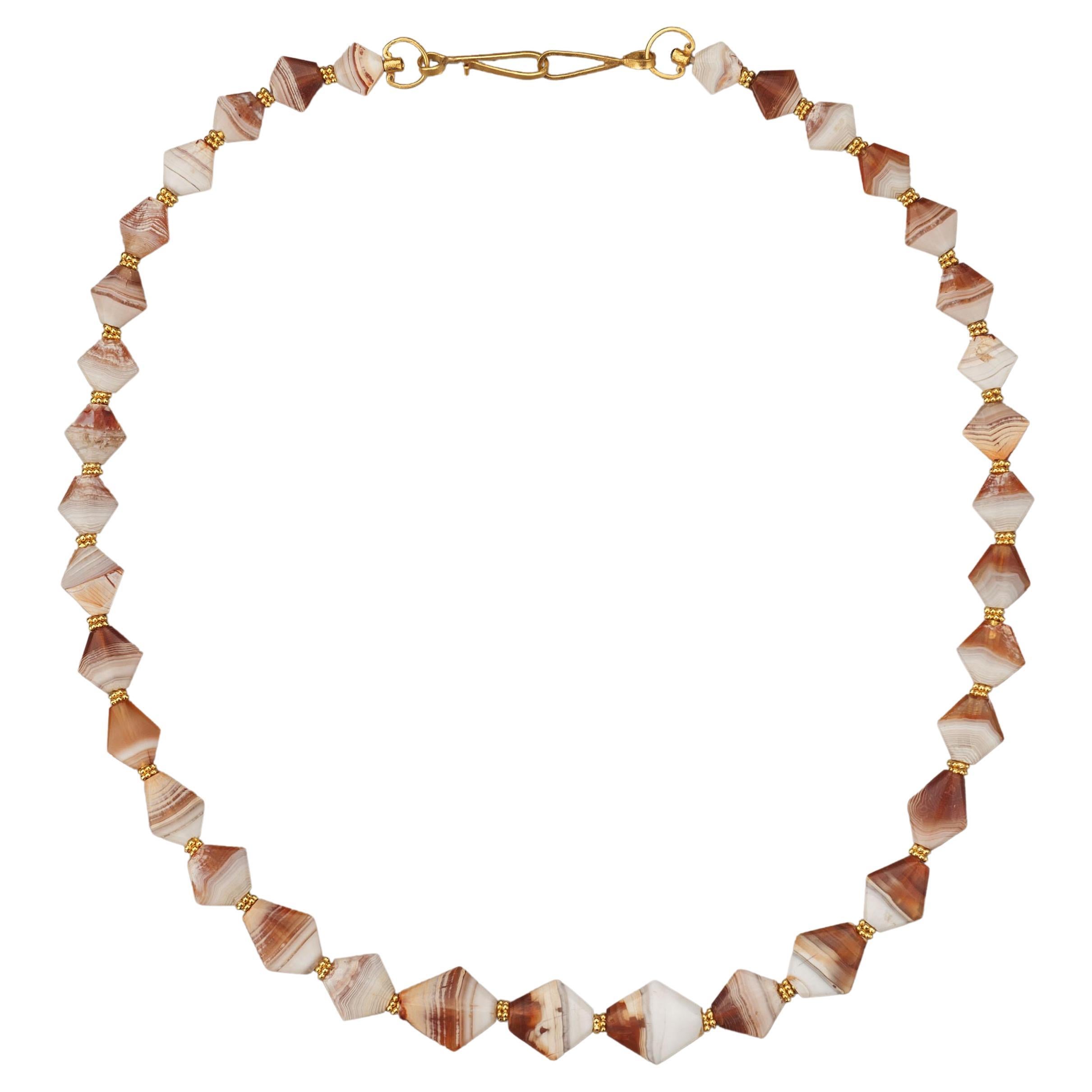 Ancient Sardonyx Rhombus Beads with 24k Granulated Gold Ring Beads and Clasp For Sale