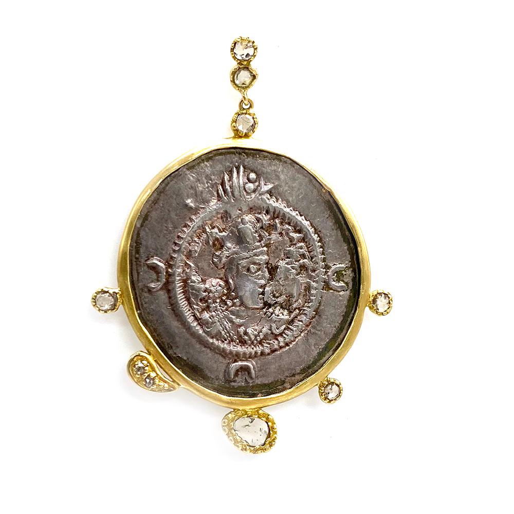 Antiquity Earring Set In 20 Karat Yellow Gold, Sassanian Coin With 0.65cts Rose-Cut Diamonds. The Earrings Are Made With 7.43cts Antique Coins and 20 Karat Yellow Gold. 