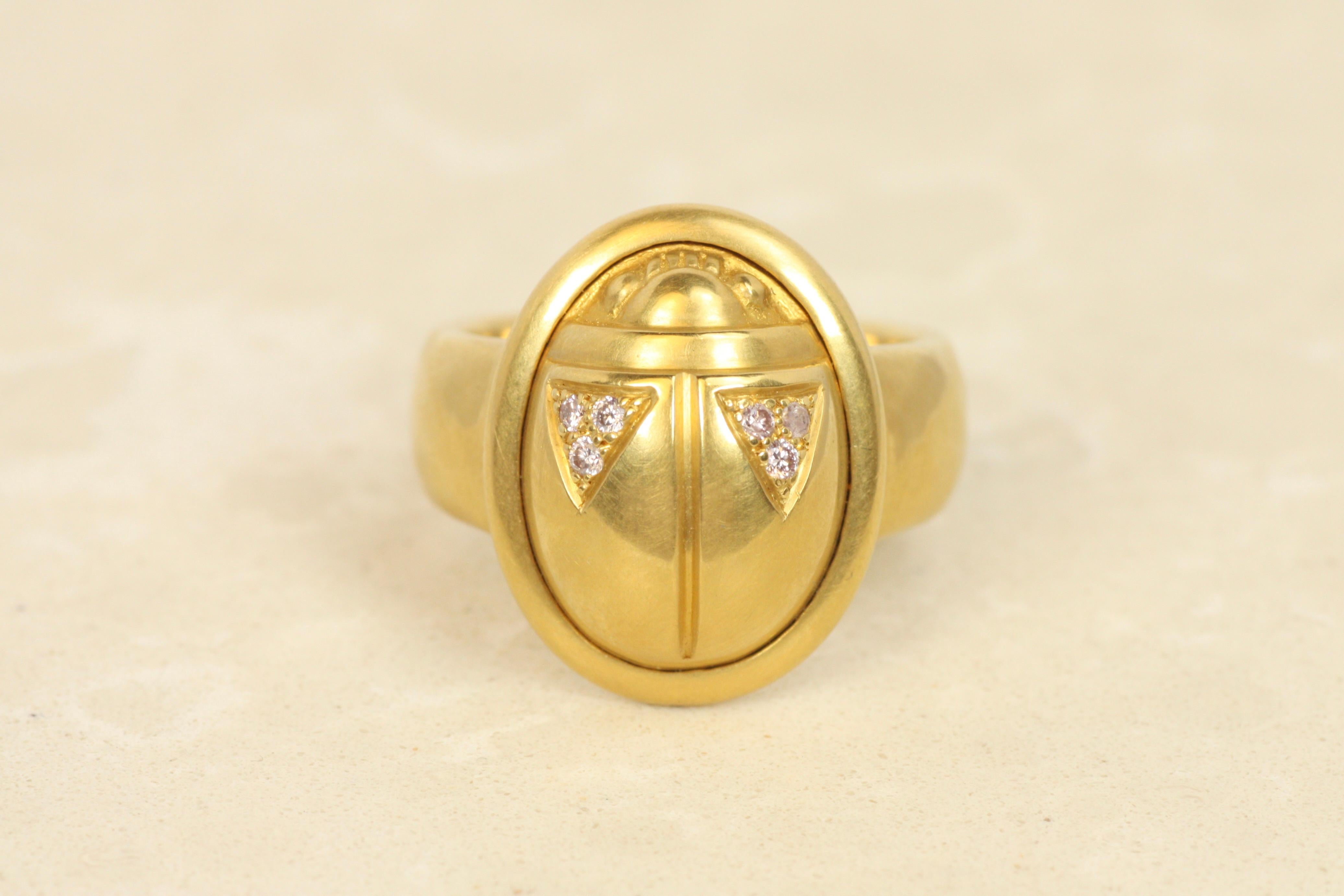Artisan Scarab Ring with Pink Diamond Wings in 22K Yellow Gold, Darlene deSedle For Sale