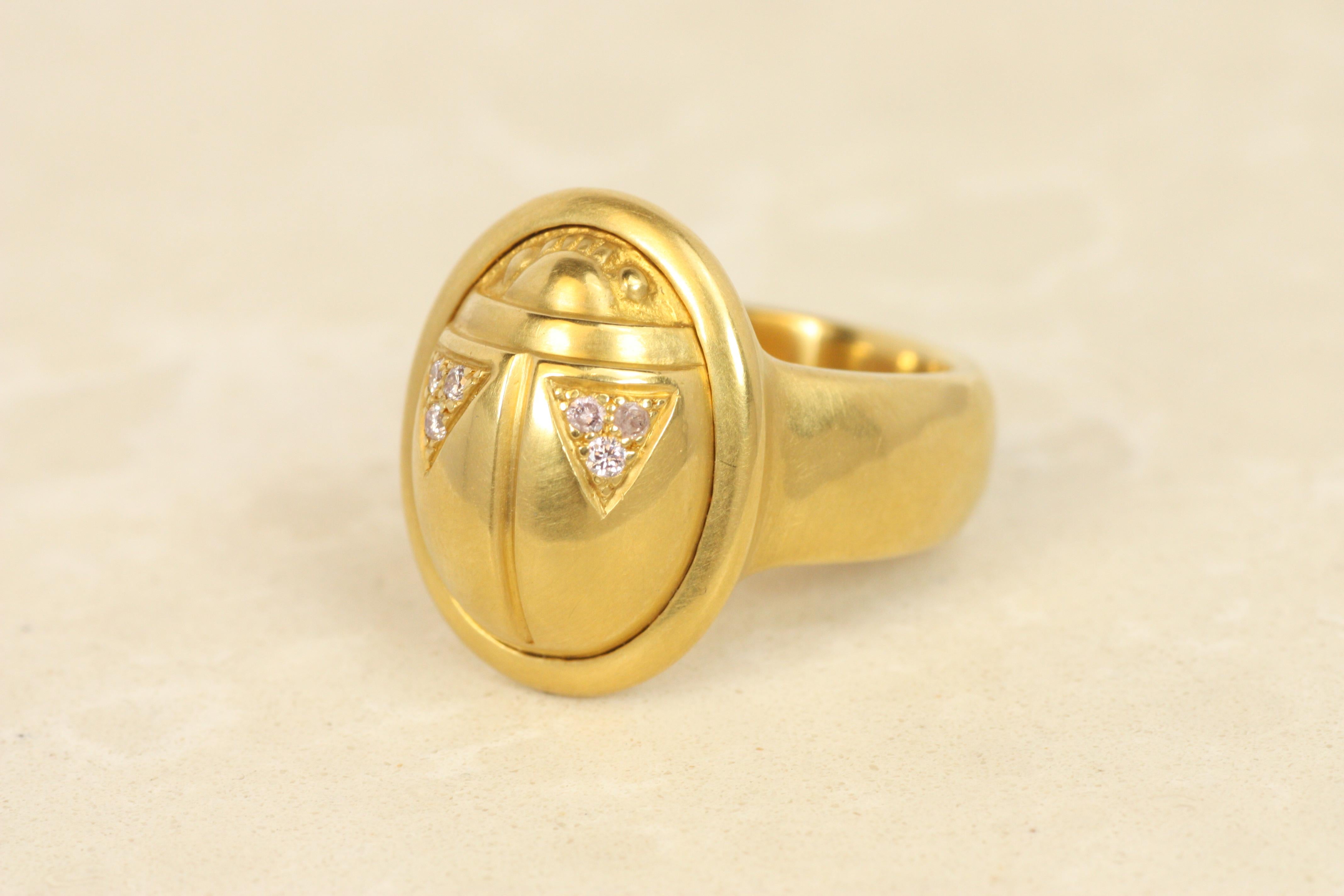 Round Cut Scarab Ring with Pink Diamond Wings in 22K Yellow Gold, Darlene deSedle For Sale