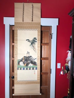 Ancient Scholar Tenjn Japanese Antique Hand Painted Silk Scroll Brilliant Colors